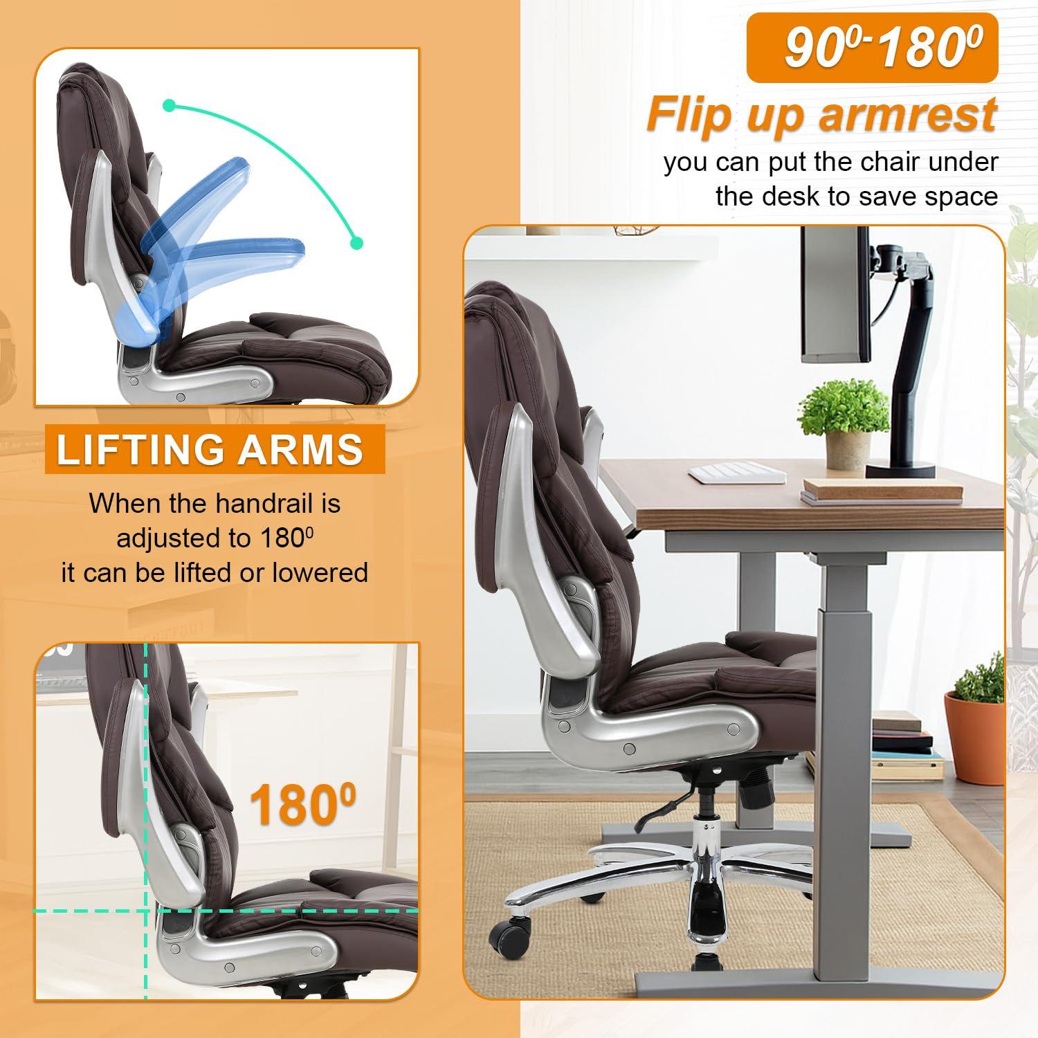 PayLessHere PayLessHere Big and Tall Office Chair 400lbs Adjustable Executive Leather Desk Chair with Armrest Computer Desk Chair Rolling Swivel Computer Pu Leather Chair for Heavy People (Brown)