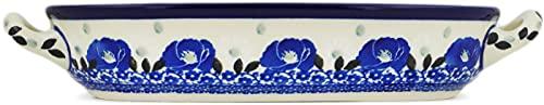 Polmedia Polish Pottery Polish Pottery 8-inch Oval Baker with Handles made by Ceramika Artystyczna (Eternal Winter Theme) + Certificate of Authenticity