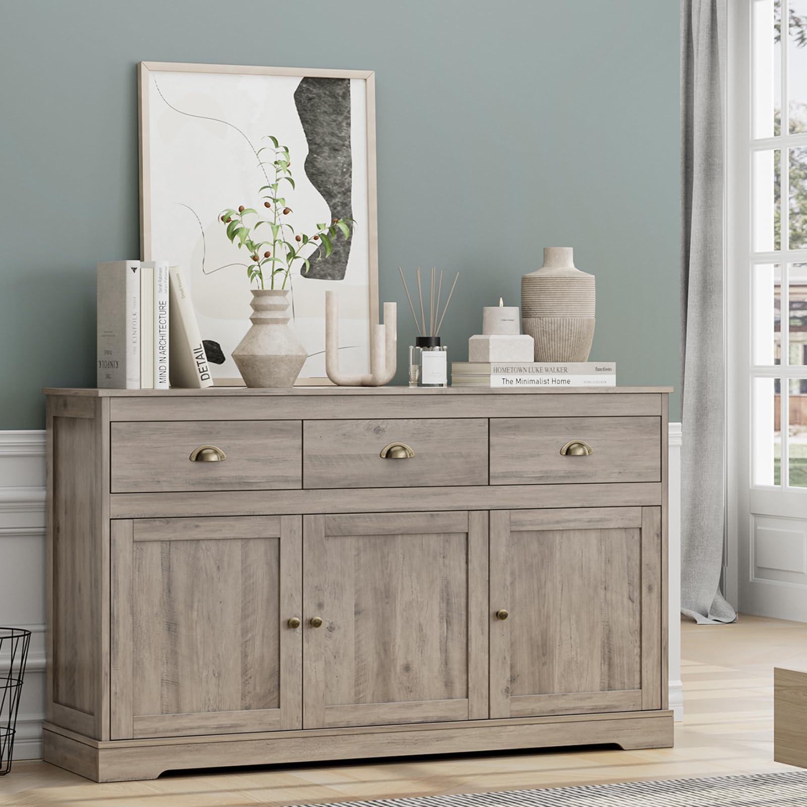 Keyluv Keyluv Buffet Storage Cabinet, Sideboard Farmhouse Server Bar Wine Cabinet with 3 Drawers & 3 Doors Adjustable Shelves Console Table for Kitchen, Dining Living Room Cupboard, Grey Wash