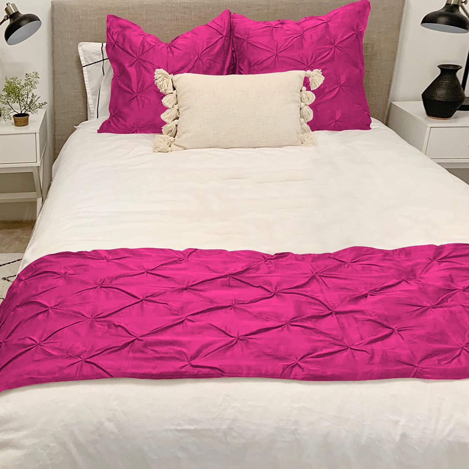 ABP COLLECTION ABP COLLECTION Bed Runner Set - 100% Pure Cotton 800 Thread Count - Luxury 1 Pinch Pleated Bed Runner and 4 Pillow Cover - 5 Piece Pinch Pleated Bed Runner Set Twin, Hot Pink