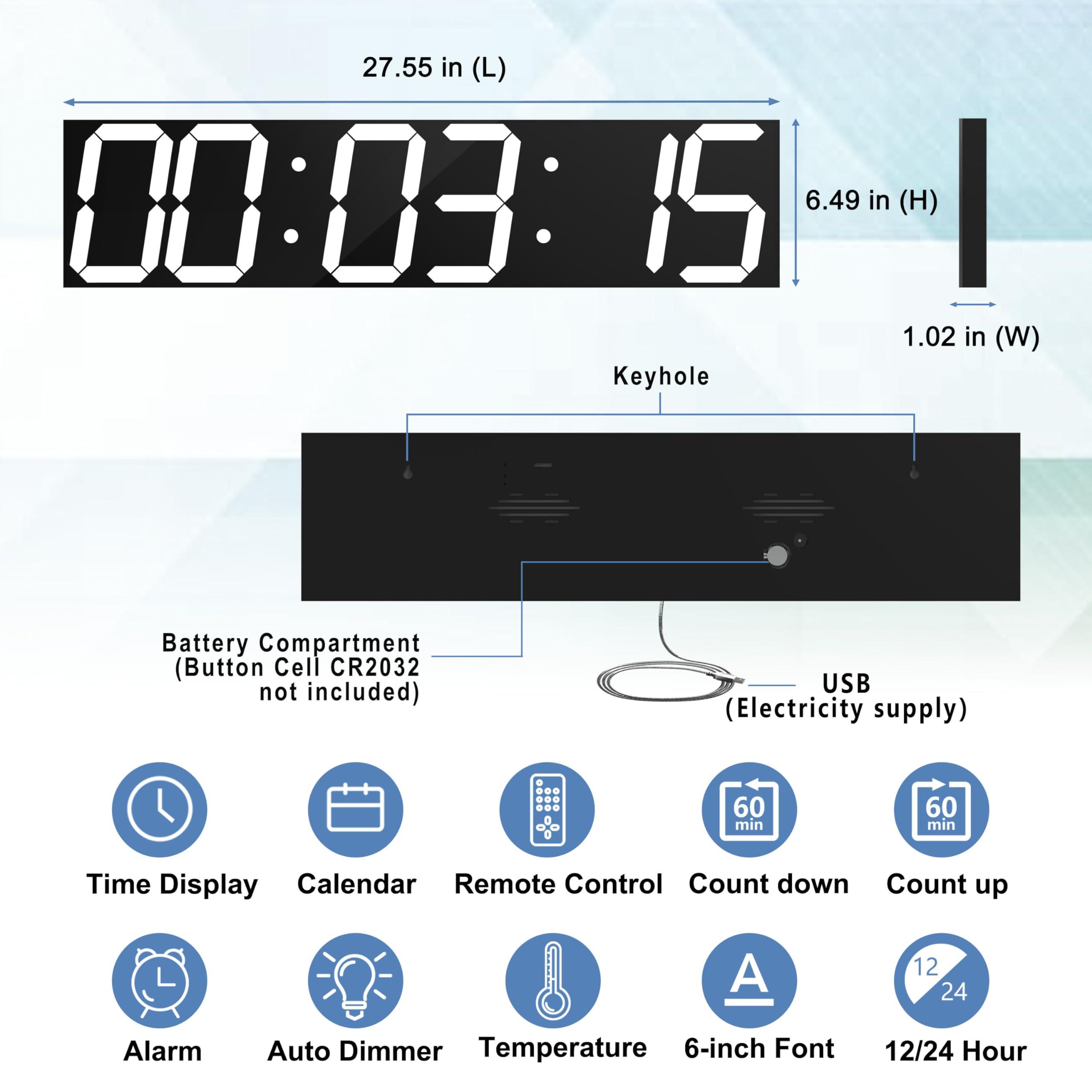 CHKOSDA CHKOSDA Digital Wall Clock, Oversize Led Digital Clock with Auto Dimmer, Huge Countdown Timer with Remote Control, 27\" Wide Led Display, 6 Digits, Wall Mount, Date and Temperature (White)