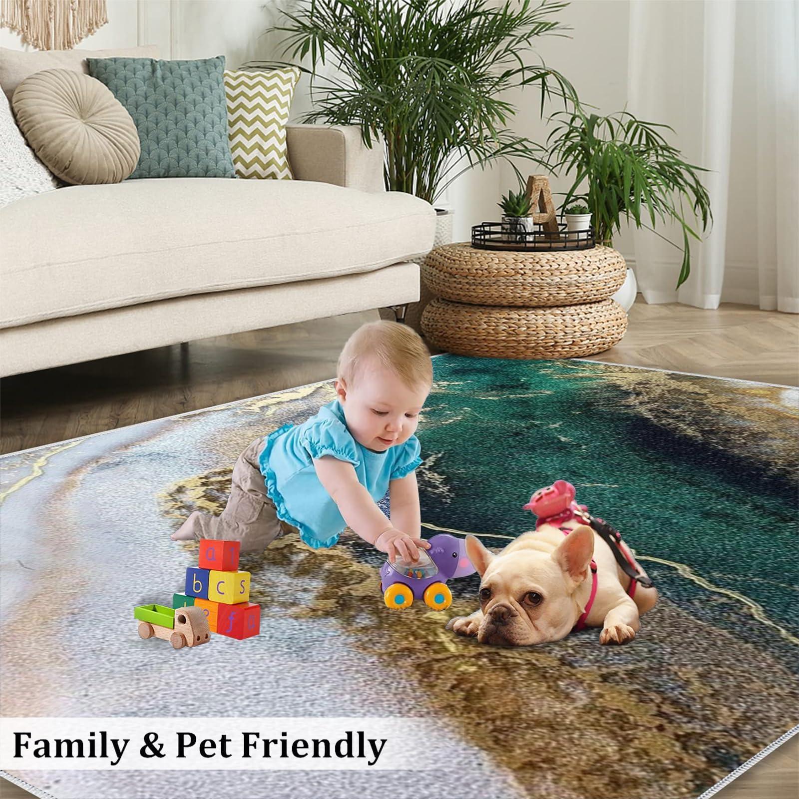 GIRTFU 2x4 Runner Rugs Modern Luxury Emerald Green Marble Fit Under Door Rugs for Entryway, Green and Gold Smudged Kitchen Runner Rug Soft Non Slip Washable for Sink Entryway Hallways Indoor