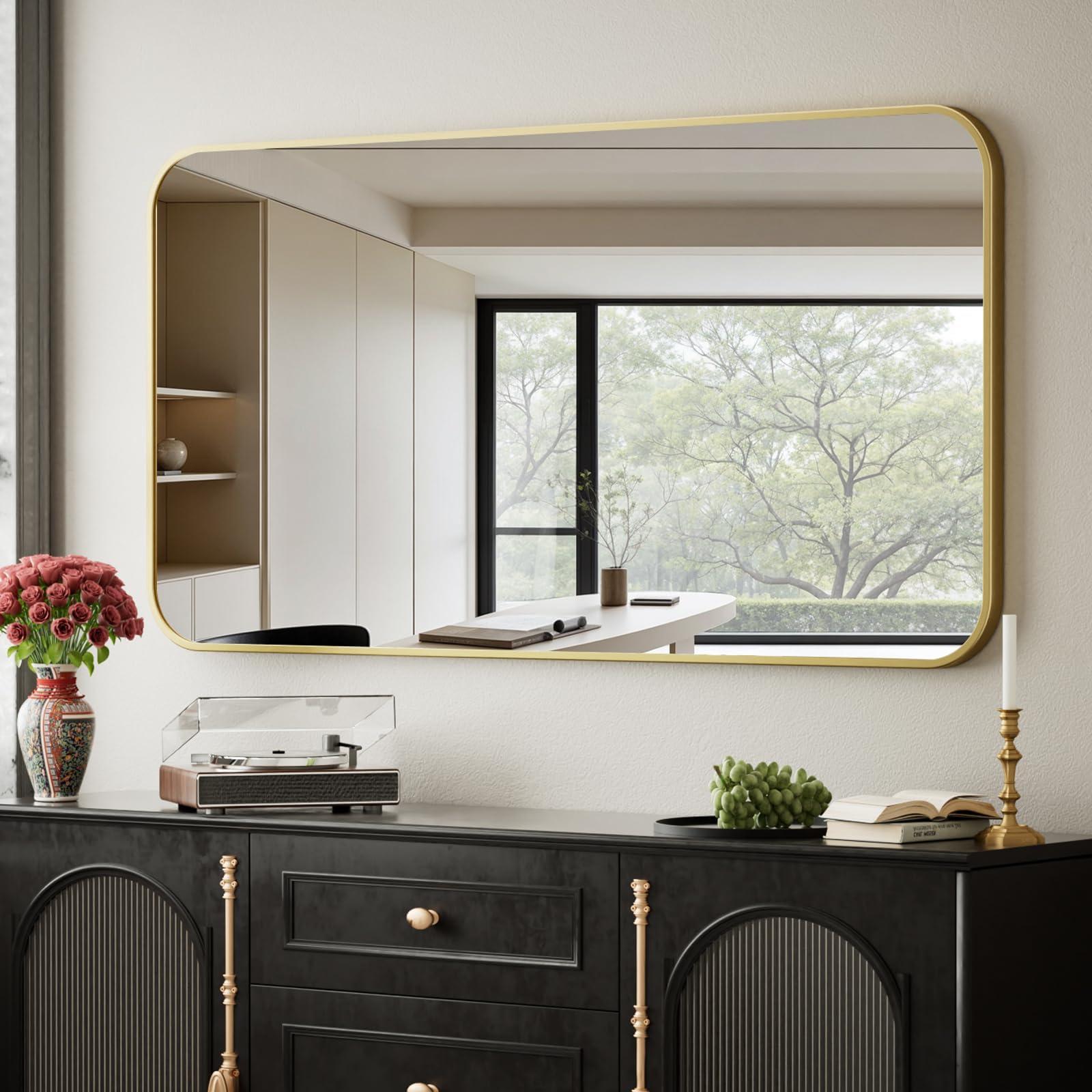 BEAUTYPEAK BEAUTYPEAK 26" x 38" Rectangular Aluminum Alloy Frame Wall Mounted Bathroom Mirror with Rounded Corners, Gold