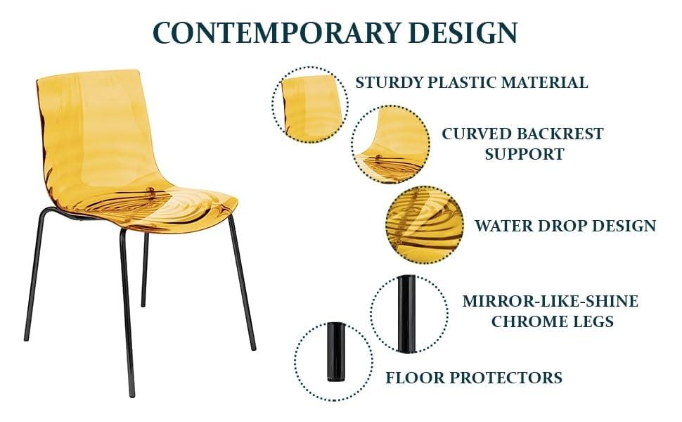 LeisureMod LeisureMod Astor Water Ripple Design Modern Lucite Dining Side Chair with Metal Legs, Transparent Orange