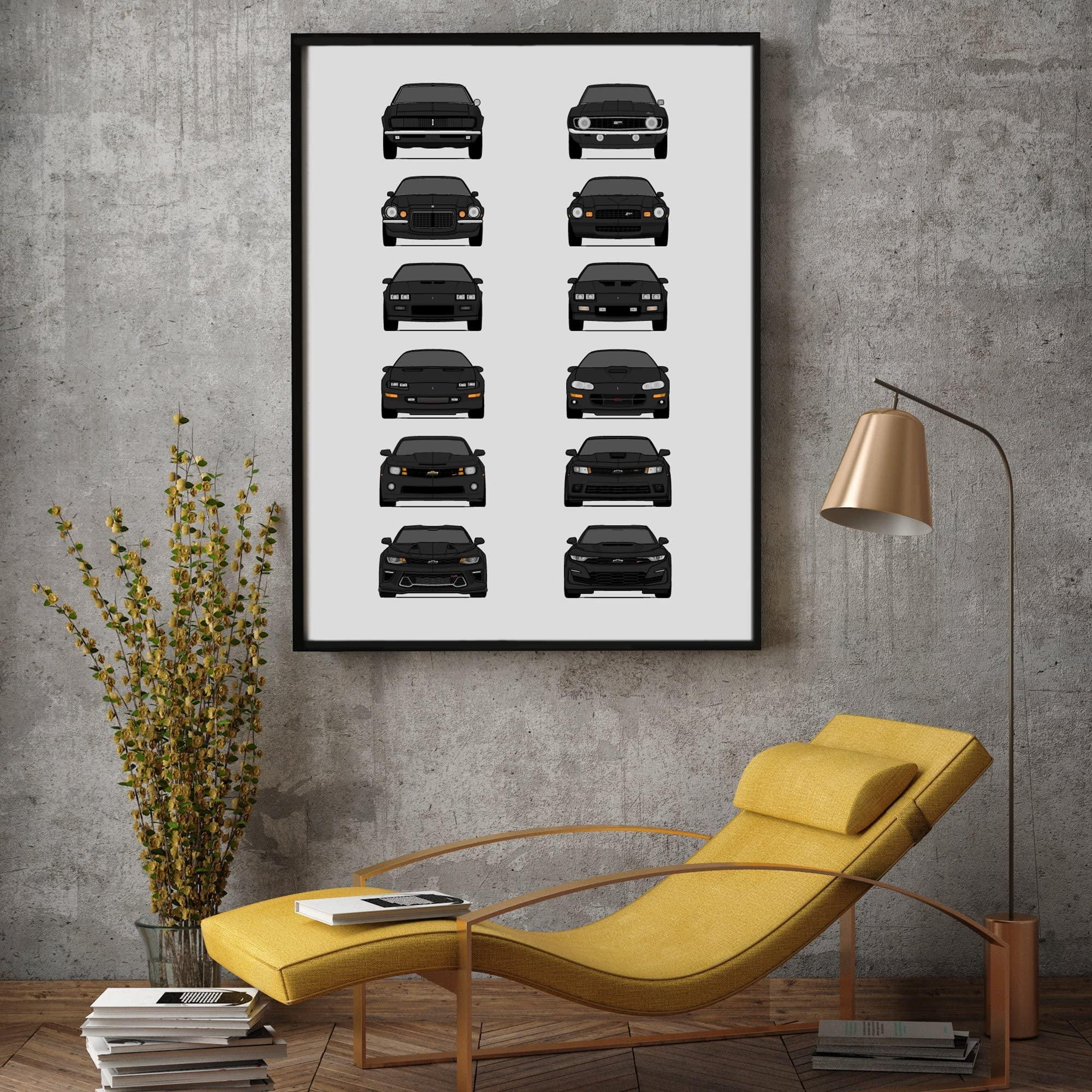 Custom Car Posters Custom Car Posters History of Chevy Camaro Generations and Handmade Print of Camaro from 1967 to Present - Black, 11x14\" Satin Print (Unframed) - Gift for Car Enthusiast