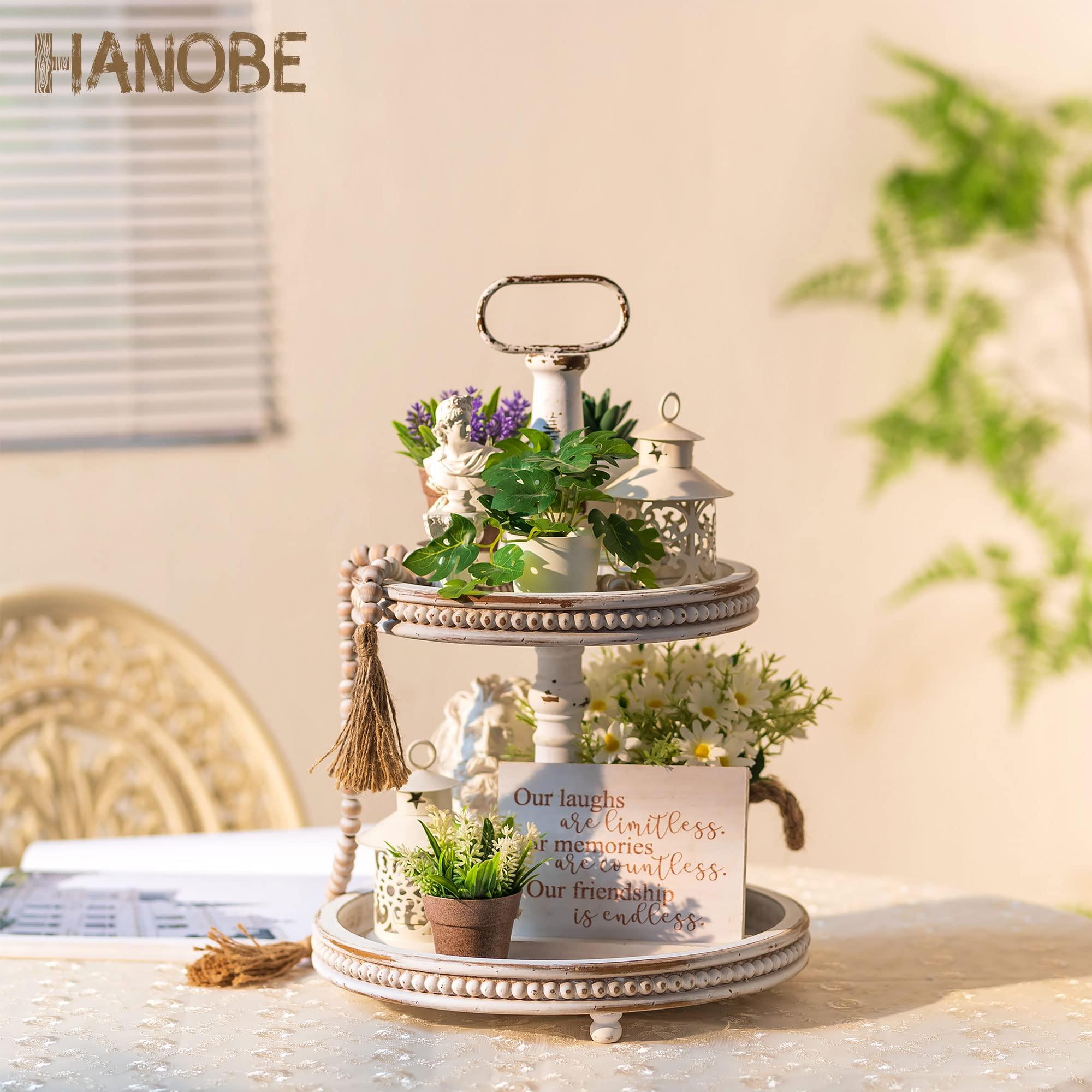 Hanobe Hanobe Two Tiered Tray Stand: Farmhouse 2 Tier Decorative Tray White Round Wooden Serving Tray Rustic Coffee Table Centerpieces Living Room Kitchen Home Decor Fall Halloween for Mom.