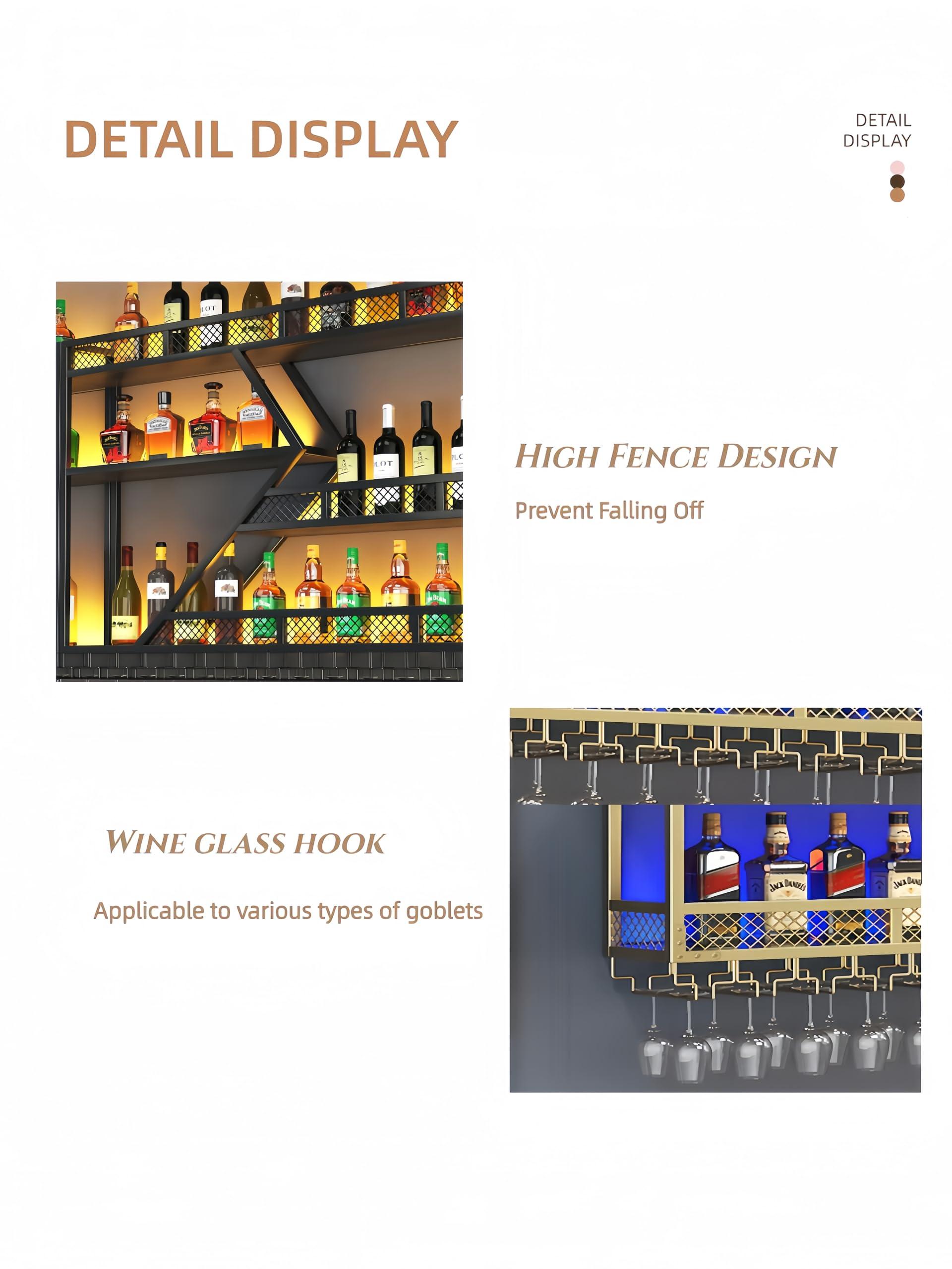 HFTUW HFTUW Modern Wall Mounted Wine Rack w/LED Light, Metal Wall Bar Shelves Wall Mounted w/Glass Holder, Large Liquor Shelf for Liquor Bottles for Home Bar & Dining Room(Gold-Yellow Led, 79in/200cm)