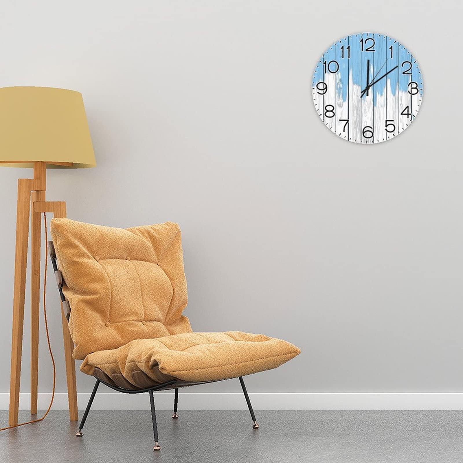 HomeLoft Basics Modern Wood Hanging Wall Clock Dripping Blue Paint on a White Wood Background Non-Ticking Silent Wall Clocks with Numerals Battery Operated Decorative for The Living Room Kitchen Bedroom She1089