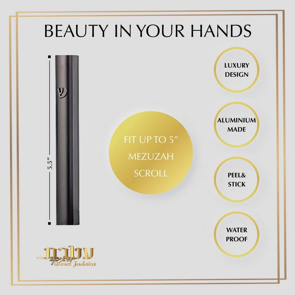 Ateret Judaica Ateret Judaica Pack of 5 Matte Black Aluminum Waterproof Mezuzah Case, Fit up to 5\" / 12cm Mezuzah Scroll, with Embossed Matte Black SHIN, Easy Peel and Stick (Scroll Not Included)