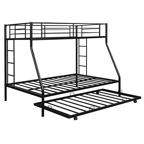TOPAMZER Twin Over Full Bunk Bed with Trundle, Metal Bed Frame with 2 Ladders No Box Spring Needed, for Adult Boys Girls (Black)
