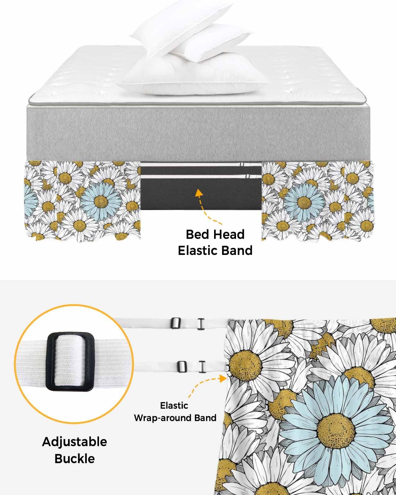 RisQiten Spring Floral Bed Skirt Queen Size 18 Inch Drop, Adjustable Elastic Bedskirt Dust Ruffle for Queen Bed, Teal White Daisy Summer Botanical Flower Wrap Around Bed Skirts Pleated Bed Frame Cover