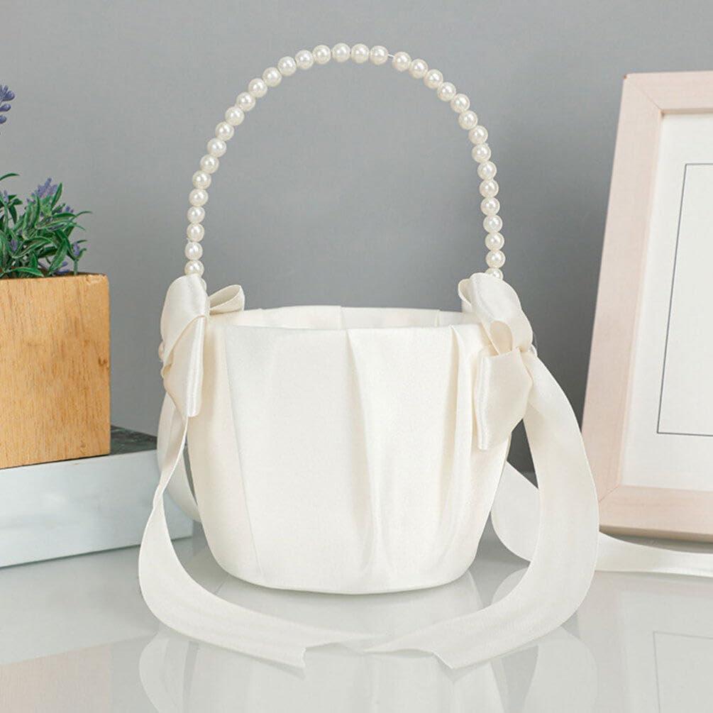 HOLIDYOYO HOLIDYOYO Wedding Flower Girl Baskets with Pearl Handle Bowknot Satin Flower Baskets Flower Pedal Basket for Wedding Ceremony Party