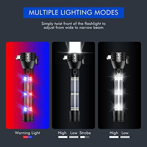NPET NPET T10 Car Flashlight 500 Lumens LED COB Light Solar Powered USB Rechargeable Tactical Multi-Function Torch Tool with 120dB Siren Window Breaker Seat Belt Cutter Compass for Camping