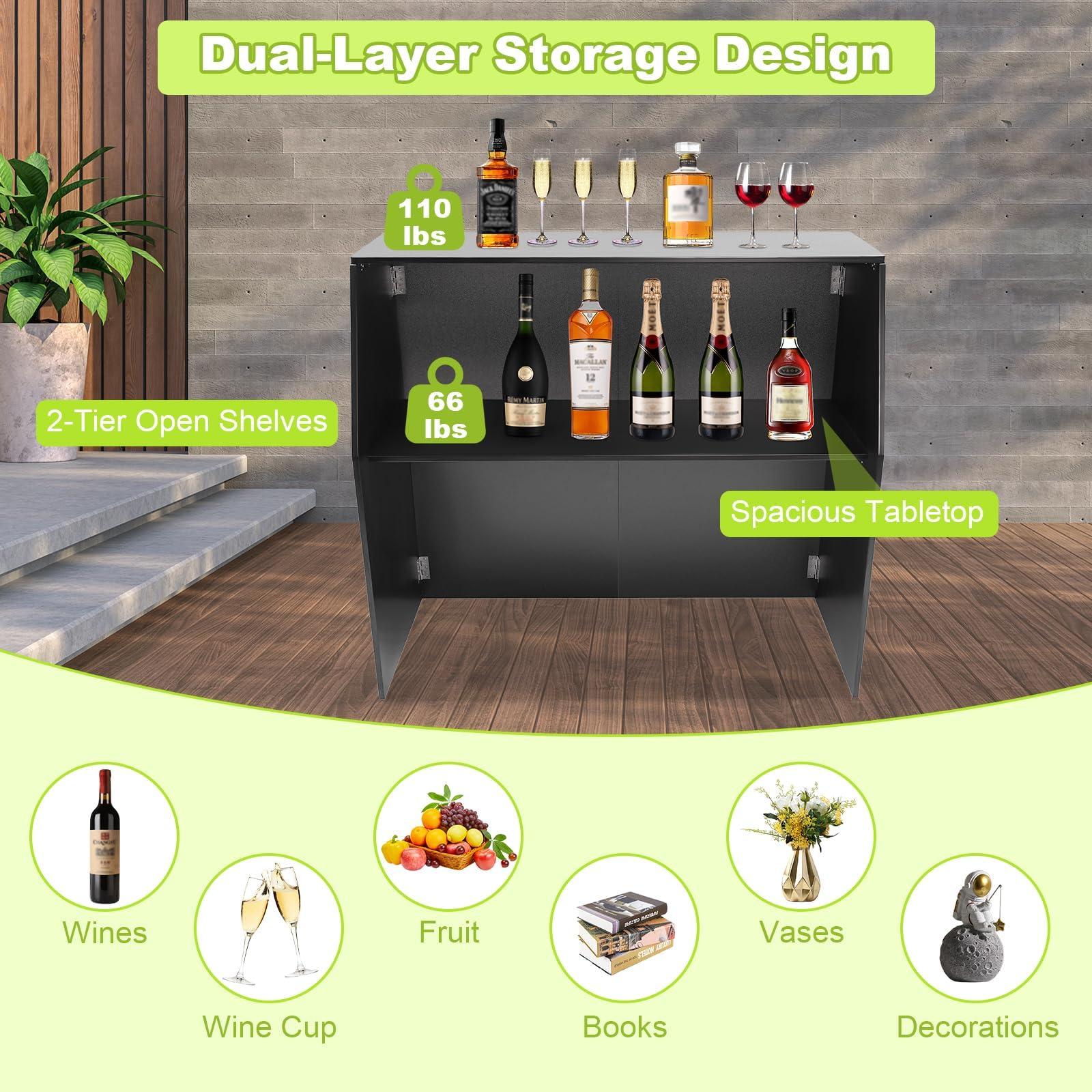 Akynjtbca Akynjtbca Bar Table Cabinet 42\" Tall Portable Event Bar, Farmhouse Coffee Bar Cabinet with Top and Middle Shelves, Foldable Bartender Station for Home&Parties (Black + Black Aluminum Cladding)