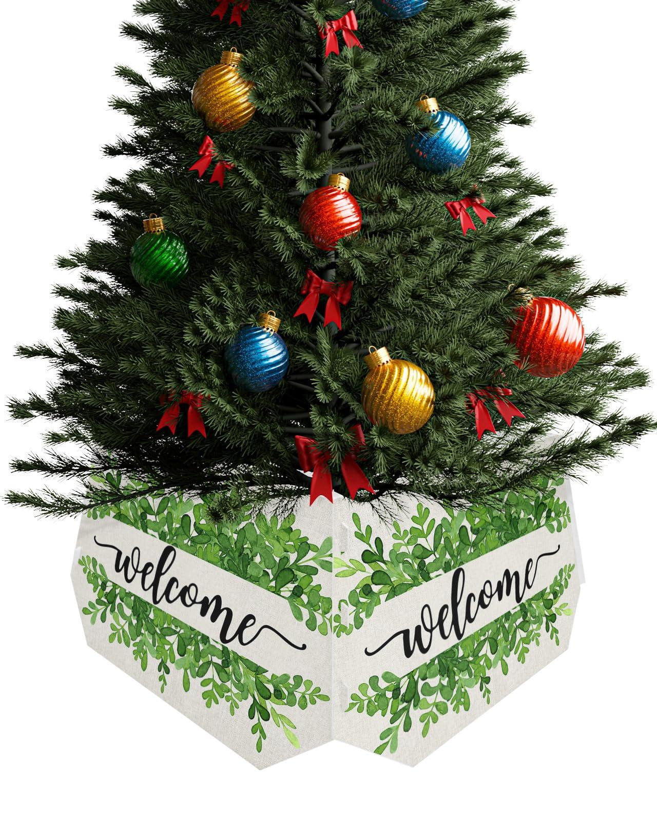 AMZRicher Christmas Tree Collar, Summer Botanical Tree Skirts Xmas Tree Trunk Ring Collar Box Stand Cover for Artificial Trees Base Holder Cover Festival Decor Welcome Green Leaf Rustic Burlap