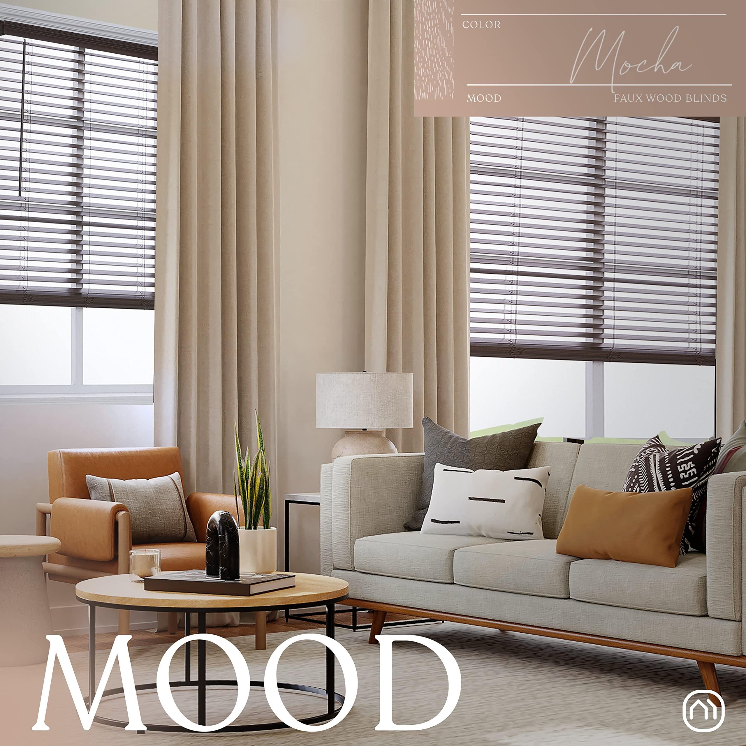 Mood MOOD Architectural 2.5" Faux Wood Window Blinds | Driftwood Brown 2.5 inch Mocha Wooden Blinds | 46.5 inch Wide Blinds for Windows | Custom Made Cordless Blackout | Mocha | 46.5" Wide x 72" Tall