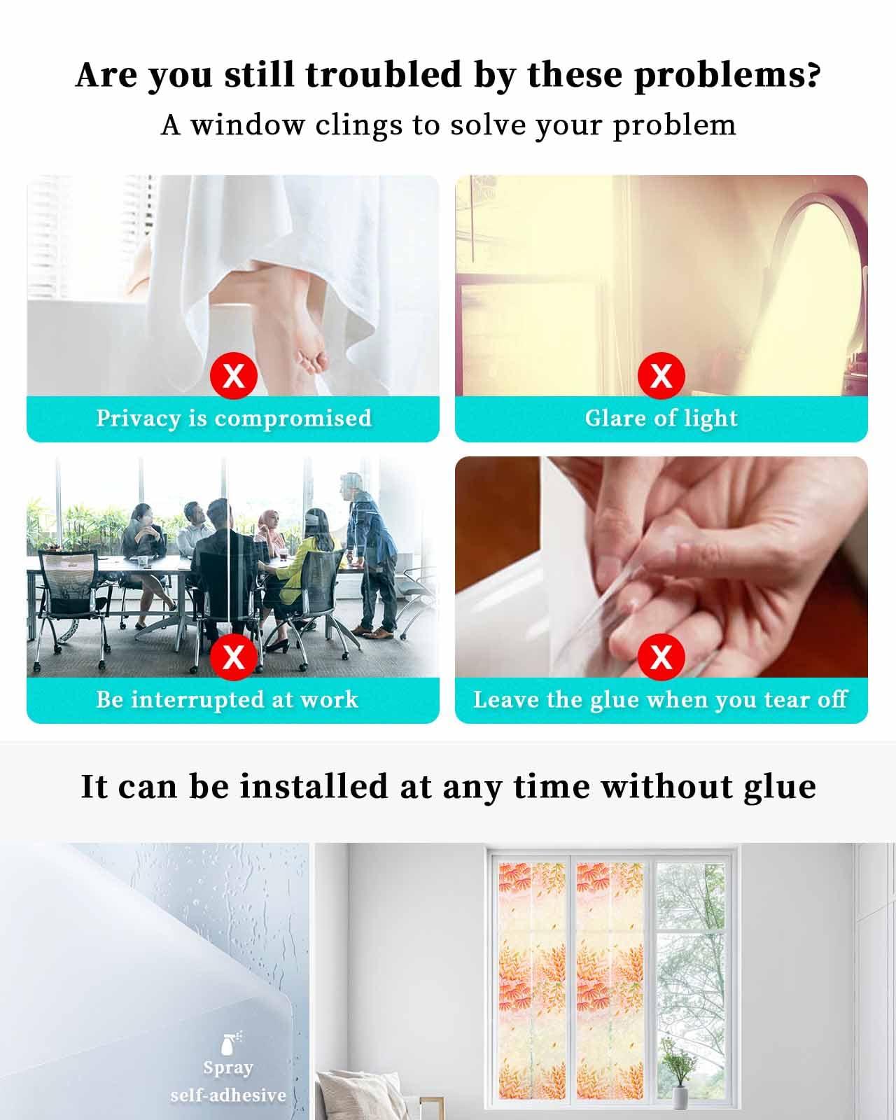 Homechoid Window Privacy Film, Orange Yellow Fall UV Sun Blocking Window Tint Film Heat Control One Way Blackout Window Film, Maple Leaf Botanical Thanksgiving Non Adhesive Static Cling Sticker 23.6x78.7 in