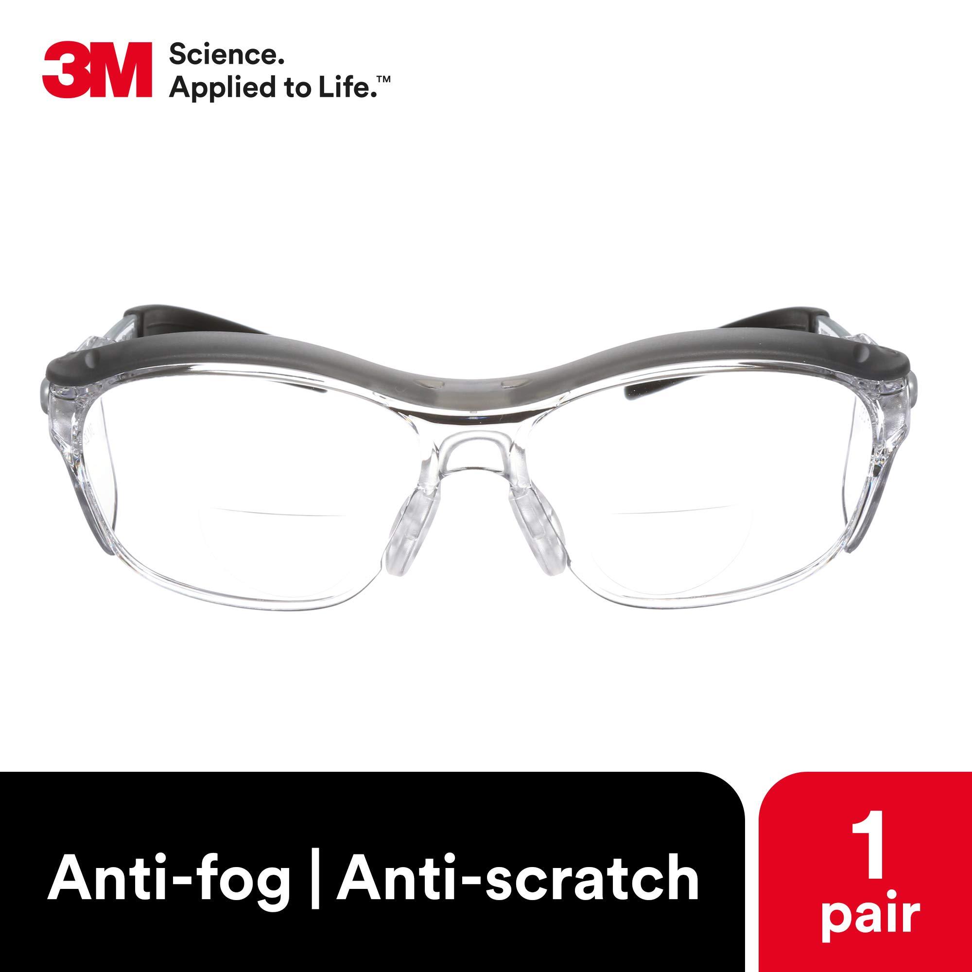 3M 3M Safety Glasses with Readers, Nuvo Protective Eyewear, +2.5 Diopter, ANSI Z87, Gray Frame, Clear Lens, Soft Nose Bridge, Side Shields