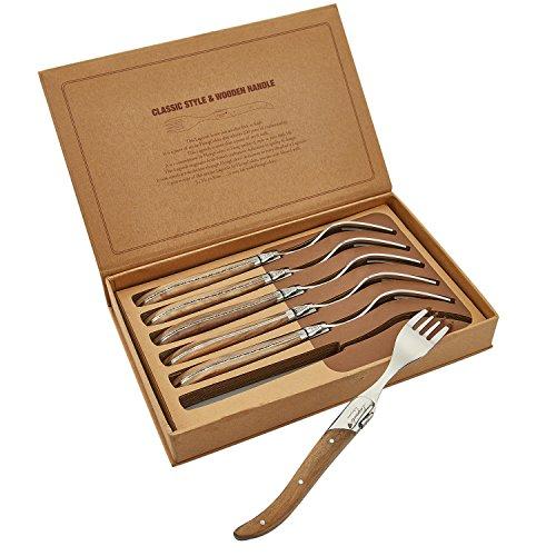FLYINGCOLORS Laguiole by FlyingColors Dinner Forks Set Stainless Steel, Olive Wood Handle, Gift Box, 6 Pieces