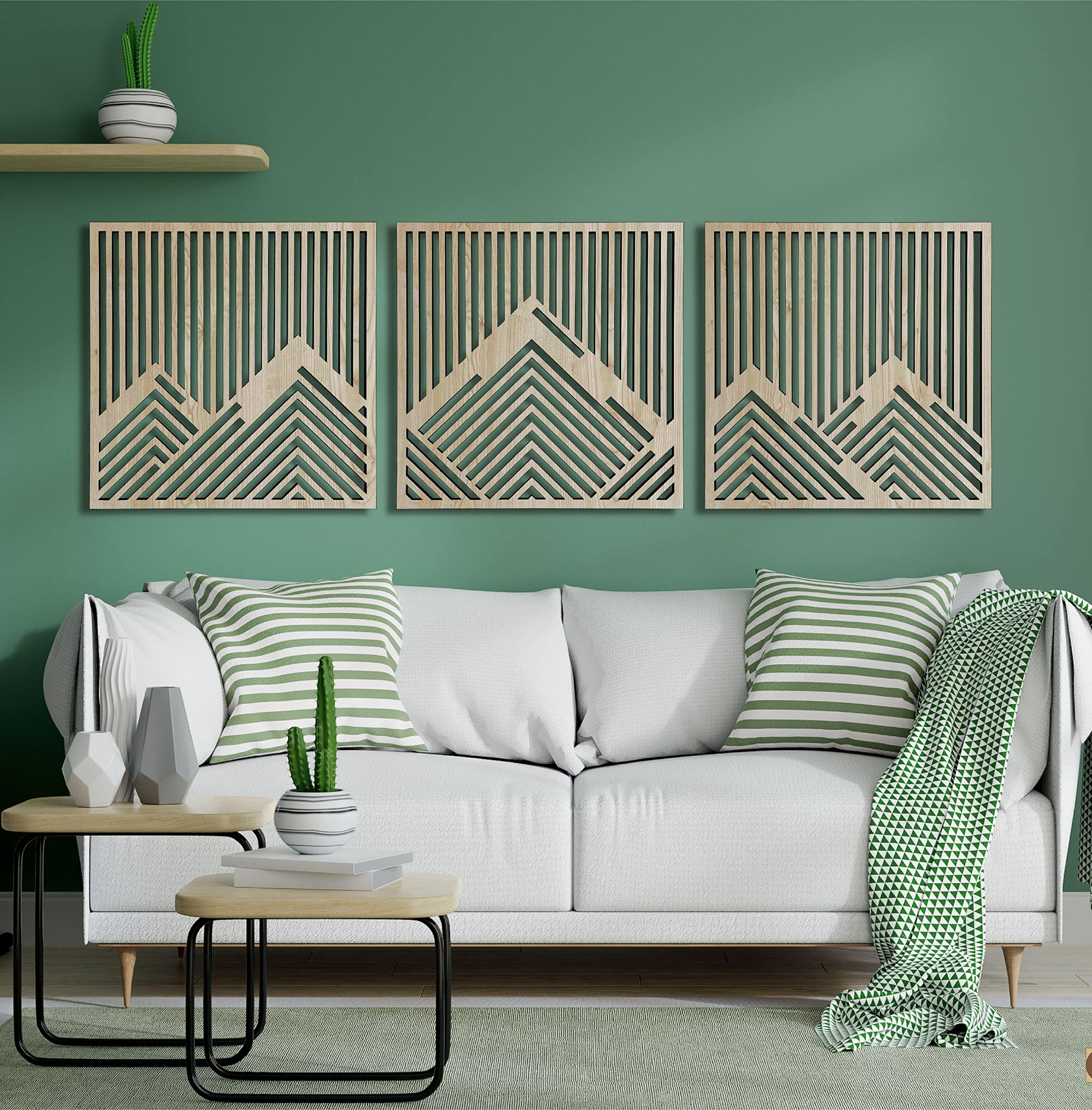 Ent Wood Art Geometric mountain wood wall art decor, 3 piece mountain wooden wall decoration, Large geometric wall art