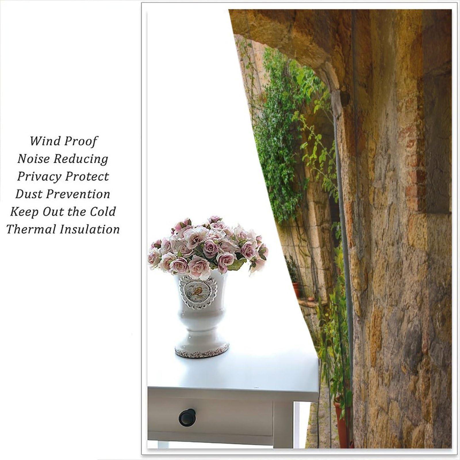 ZhiRain Scenery Kitchen Italian Curtains, Landscape from Door Antique Style Stone Village Tuscany Italian Valley, Blackout Rod Pocket Window Drapes 2 Panel Set for Kitchen Cafe Decor 63x72in