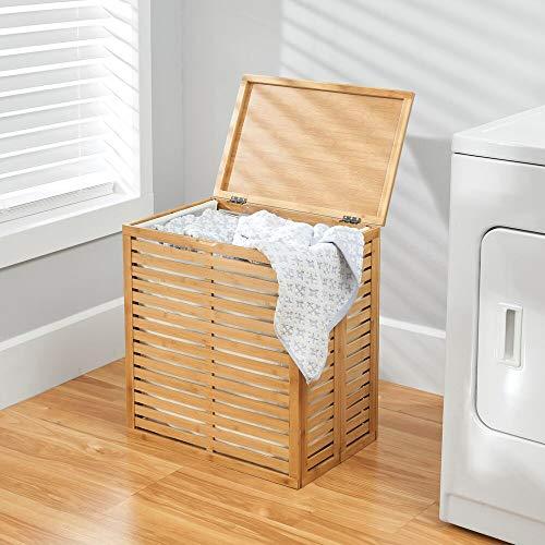 mDesign mDesign Bamboo Wood Foldable Laundry Basket Storage Organizer w/Removable Fabric Liner, Lid, Collapsible Laundry Hamper for Laundry Room, Bathroom, Bedroom, Holds Clothes - Echo Collection - Natural