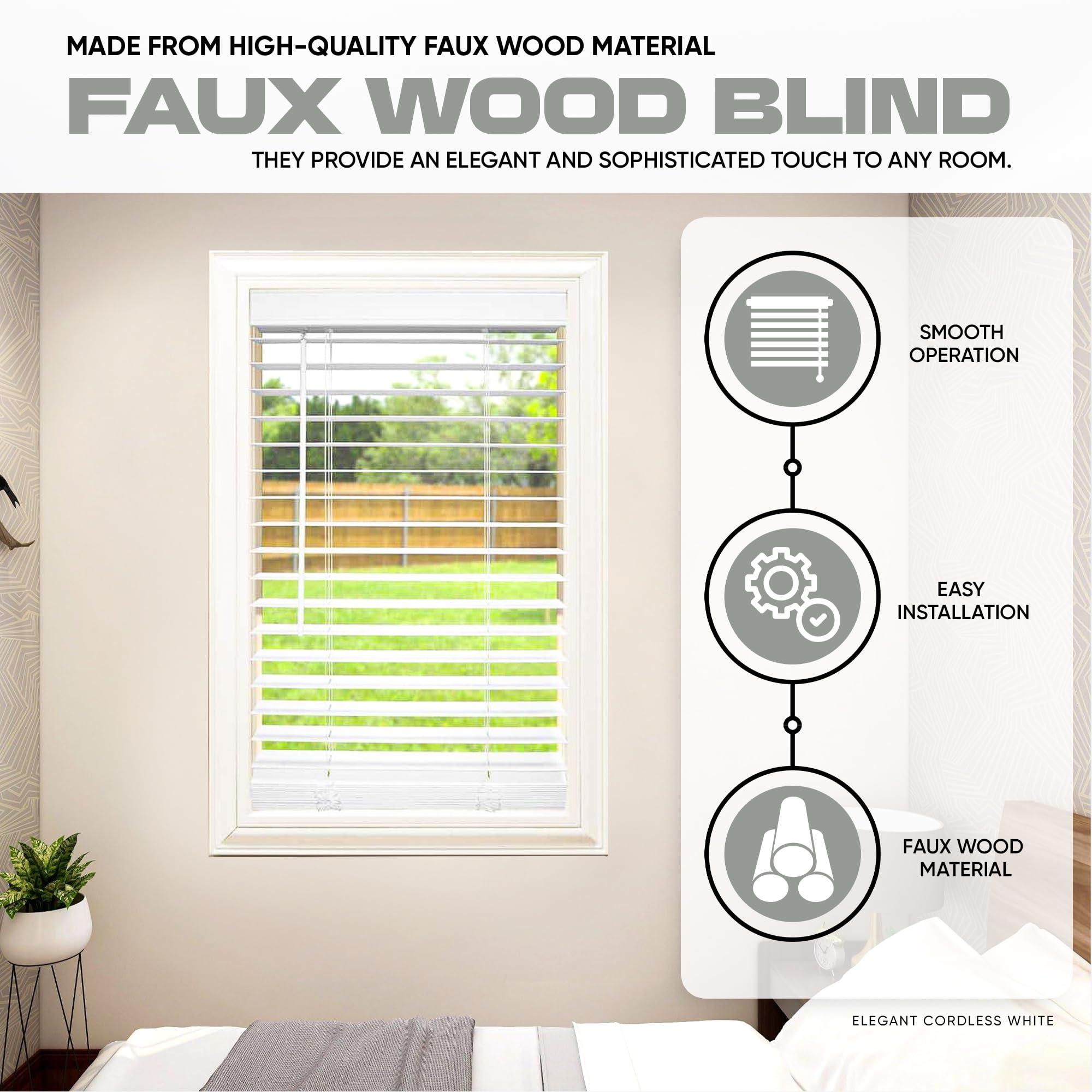 Blinds Emporium Of GA Blinds Emporium Elite 2 Inch Faux Wood Blind - 66" Wide x 72" Custom Cut Cordless Indoor Window Blinds for Privacy and Light Control, White Faux Wood Venetian Blinds for Home and Office