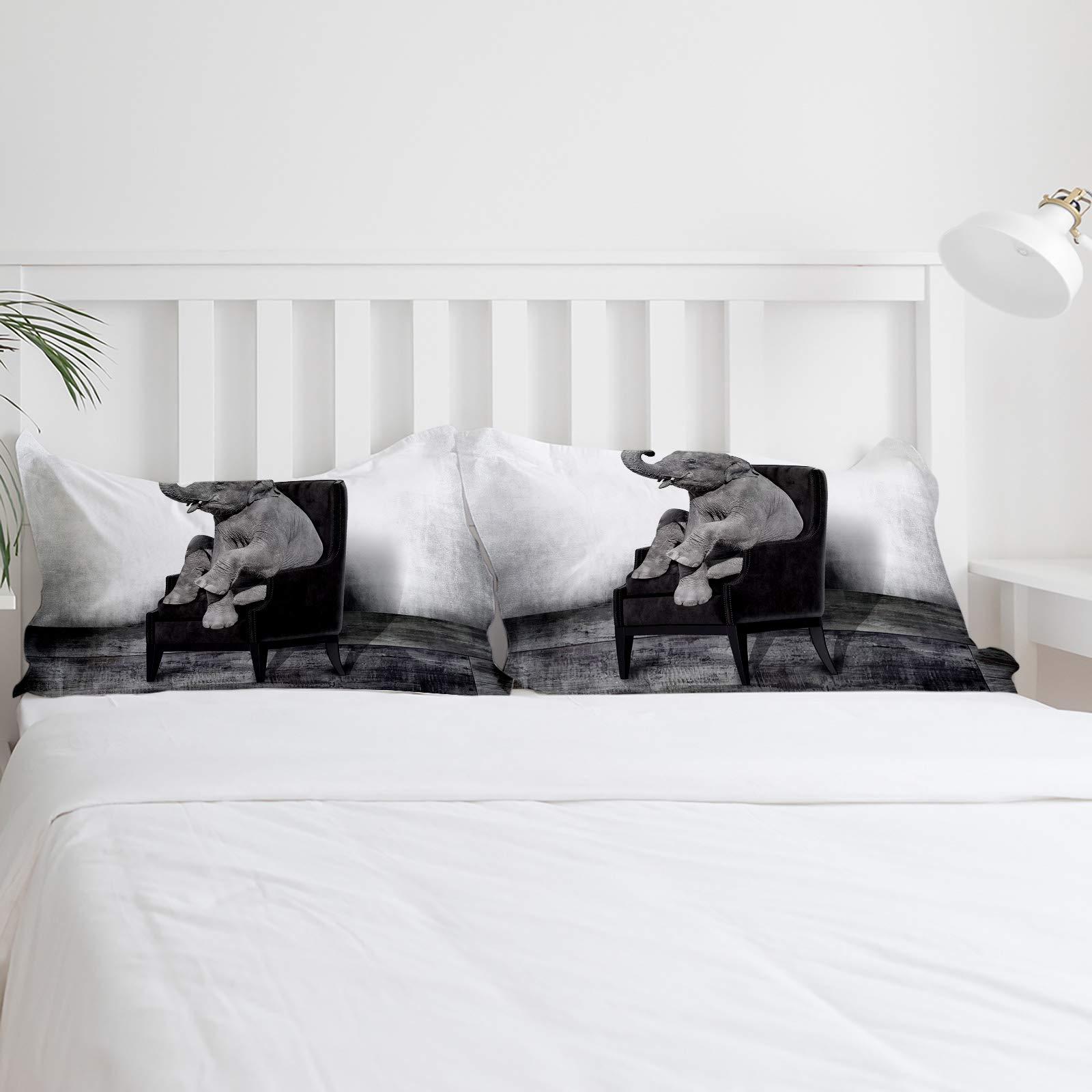 Debedcor Twin Comforter Covers Sets Elephant on The Chair 4 Piece Duvet Cover Set Lightweight Microfiber Soft Bedding Set for Adult Teen, White Black Backdrop