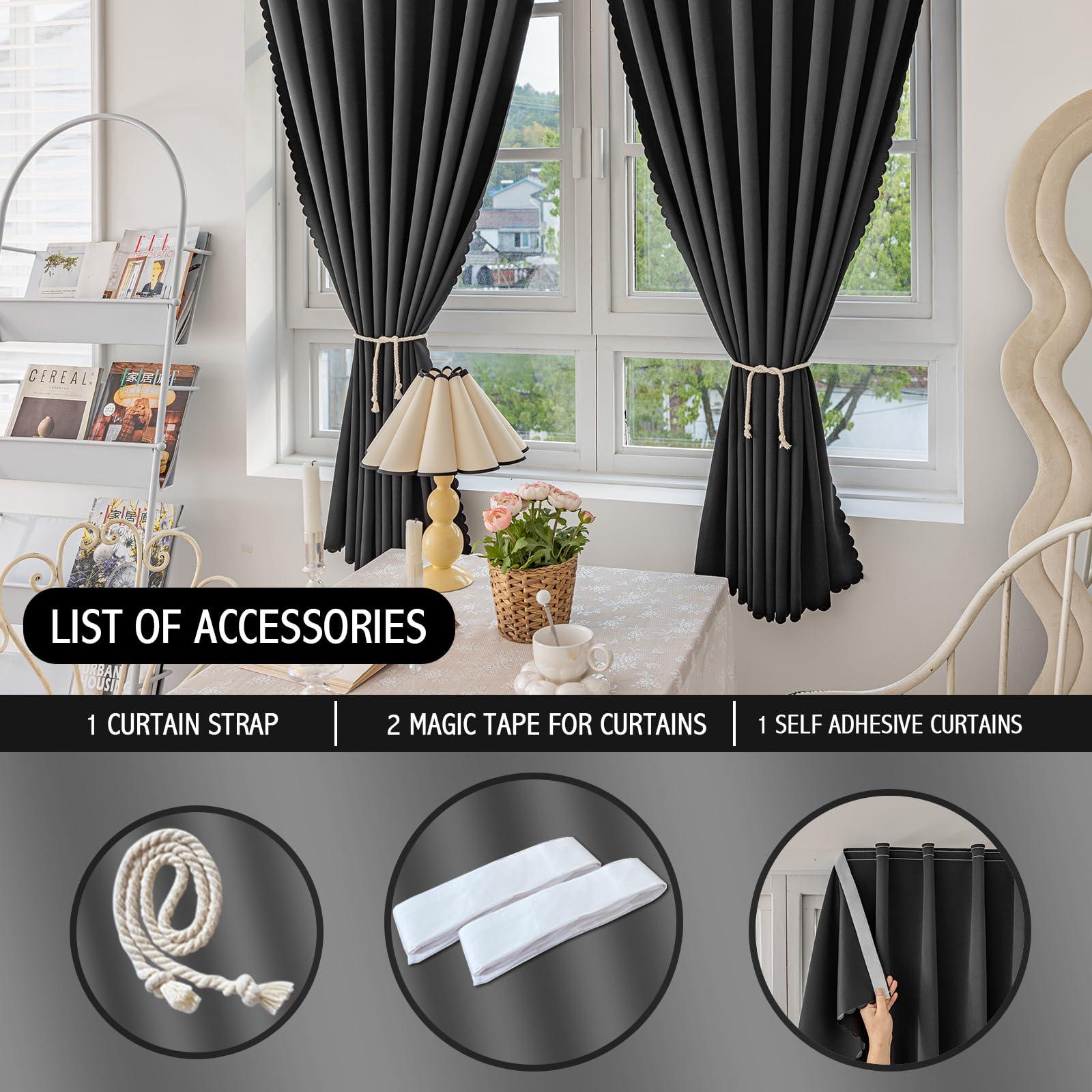 Jilron Jilron Magic Tape Stick on Curtains Blackout Curtains for Bedroom no Drillng Self Adhesive Curtain no Rod Small Window (Black, 35" W x 59" L) 2 Panels
