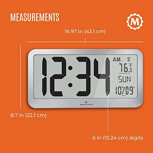 MARATHON Marathon Slim Jumbo Panoramic Atomic Wall Clock with Date and Indoor Temperature. Commercial Grade with Big 6-Inch Numbers, Alarm and Table Stand. Batteries Included (Graphite Grey)