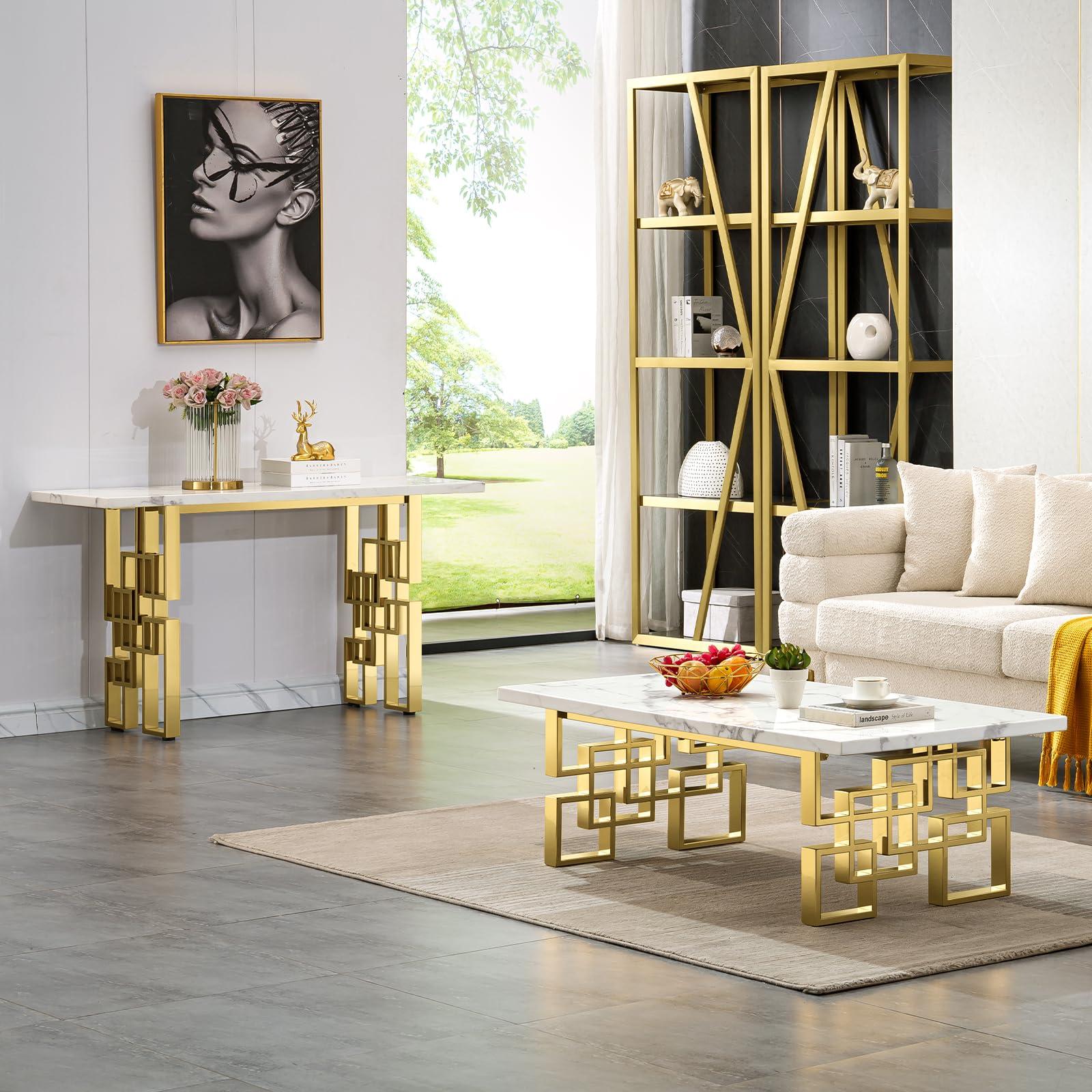 AUZ AUZ 2 Pieces Gold Living Room Table Sets, White and Gold Rectangle Living Room Coffee Tables with Geometric Base, White Coffee Table Set of 2