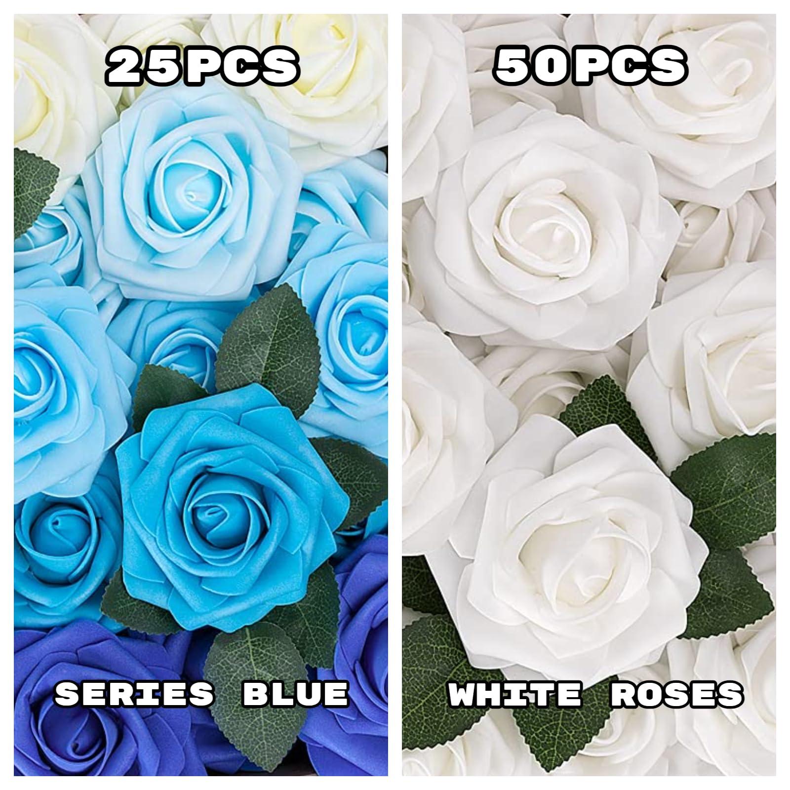 N&T NIETING N&T NIETING Rose Artificial Flowers 25pcs Fake Flowers Rose Perfect and 50pcs Foam Roses White