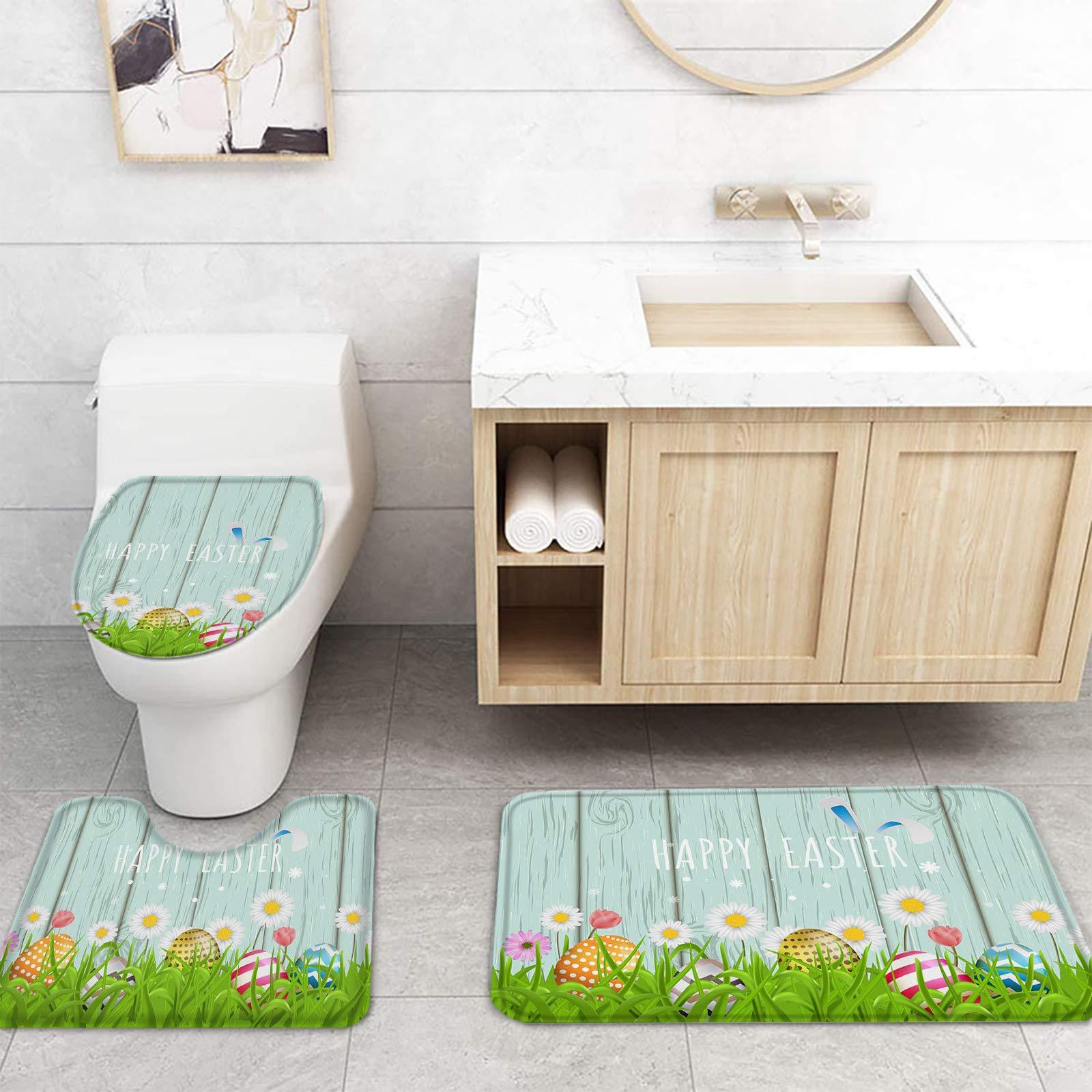 Libaoge 4 Pcs Shower Curtain Set Include Non-Slip Bath Rug Toilet Lid Cover Contour Mat Waterproof Bath Curtain Hpapy Easter Rabbit Bunny Eggs Flower for Bathroom Decor