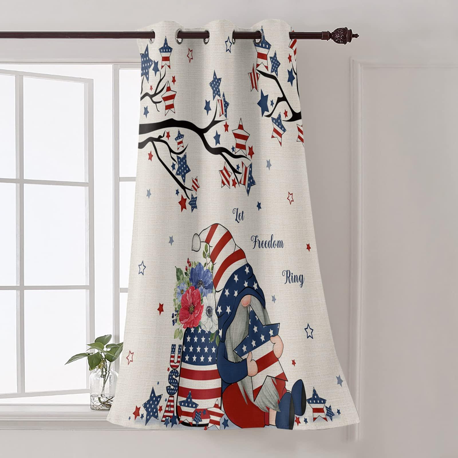 Tersuger Blackout Curtain 36 Inch Length,4th of July Patriotic Independence Day Gnome USA Flag Star Tree Window Curtain Grommet Room Darkening Curtain Thermal Insulated Drapes for Living Room Bedroom,1 Panel