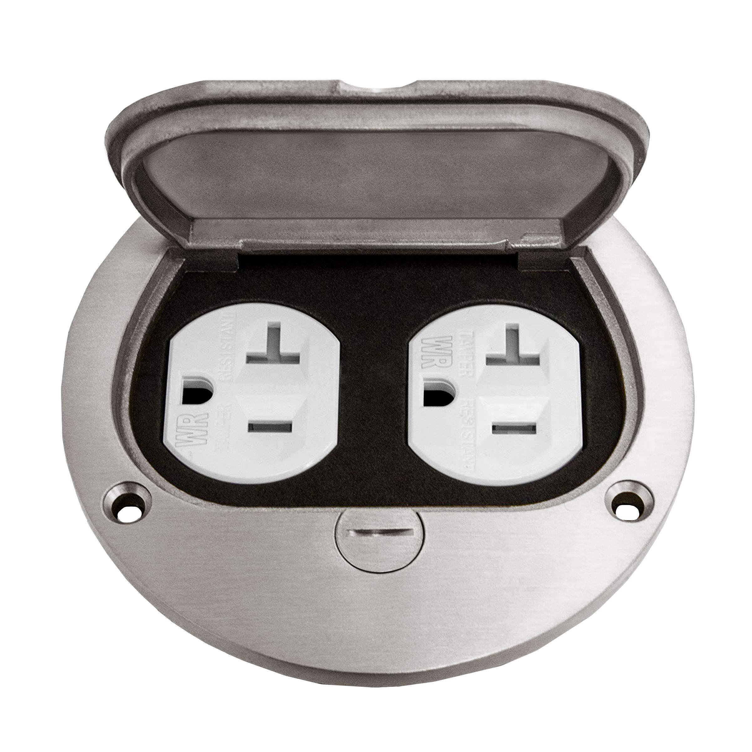 ENERLITES Enerlites 975502-S 4'' Hinged Floor Box Cover Flange, 20A Duplex Tamper-Weather Resistant Receptacle, Nickel Plated Brass