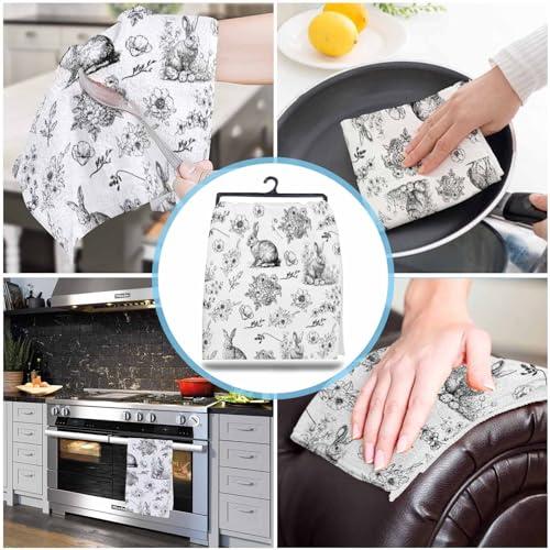 Kewadony Kewadony Spring Easter Kitchen Towels 4 Pack Dish Towels for Kitchen, Black and White Floral Botanical Bunny Absorbent Microfiber Hand Towels for Bathroom, Soft Tea Towels Bar Towels, 18 x 28 Inch