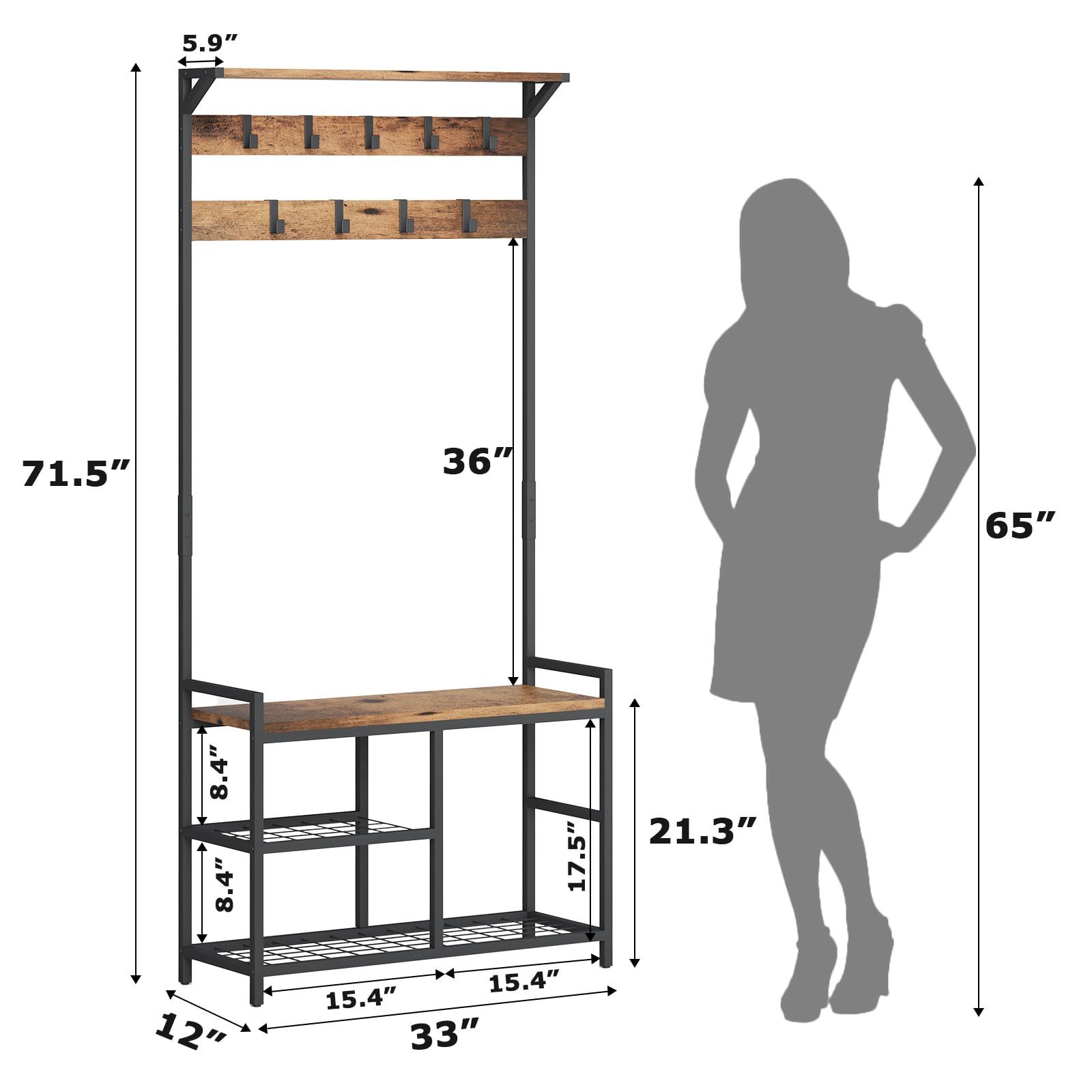 HOMEKOKO HOMEKOKO Coat Rack Shoe Bench, Hall Tree Entryway Storage Bench, Wood Look Accent Furniture with Metal Frame, 3-in-1 Design (Rustic Brown)