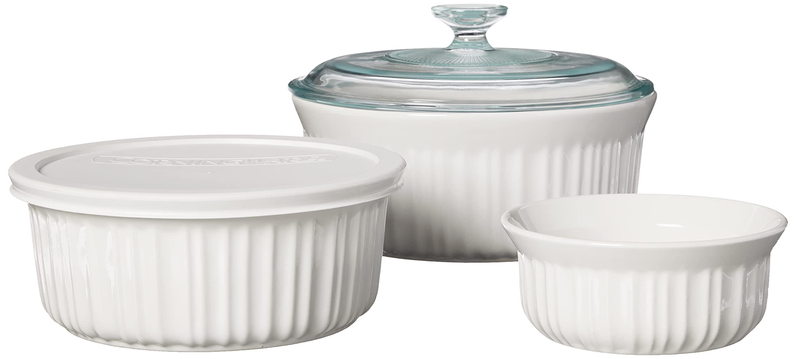 CorningWare CorningWare French White 7-Pc Ceramic Bakeware Set with Lids, Chip and Crack Resistant Stoneware Baking Dish, Microwave, Dishwasher, Oven, Freezer and Fridge Safe