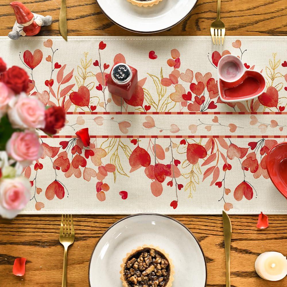 Artoid Mode Artoid Mode Red Heart Branch Valentine\'s Day Table Runner, Seasonal Leaf Kitchen Dining Table Decoration for Home Party Decor 13x72 Inch