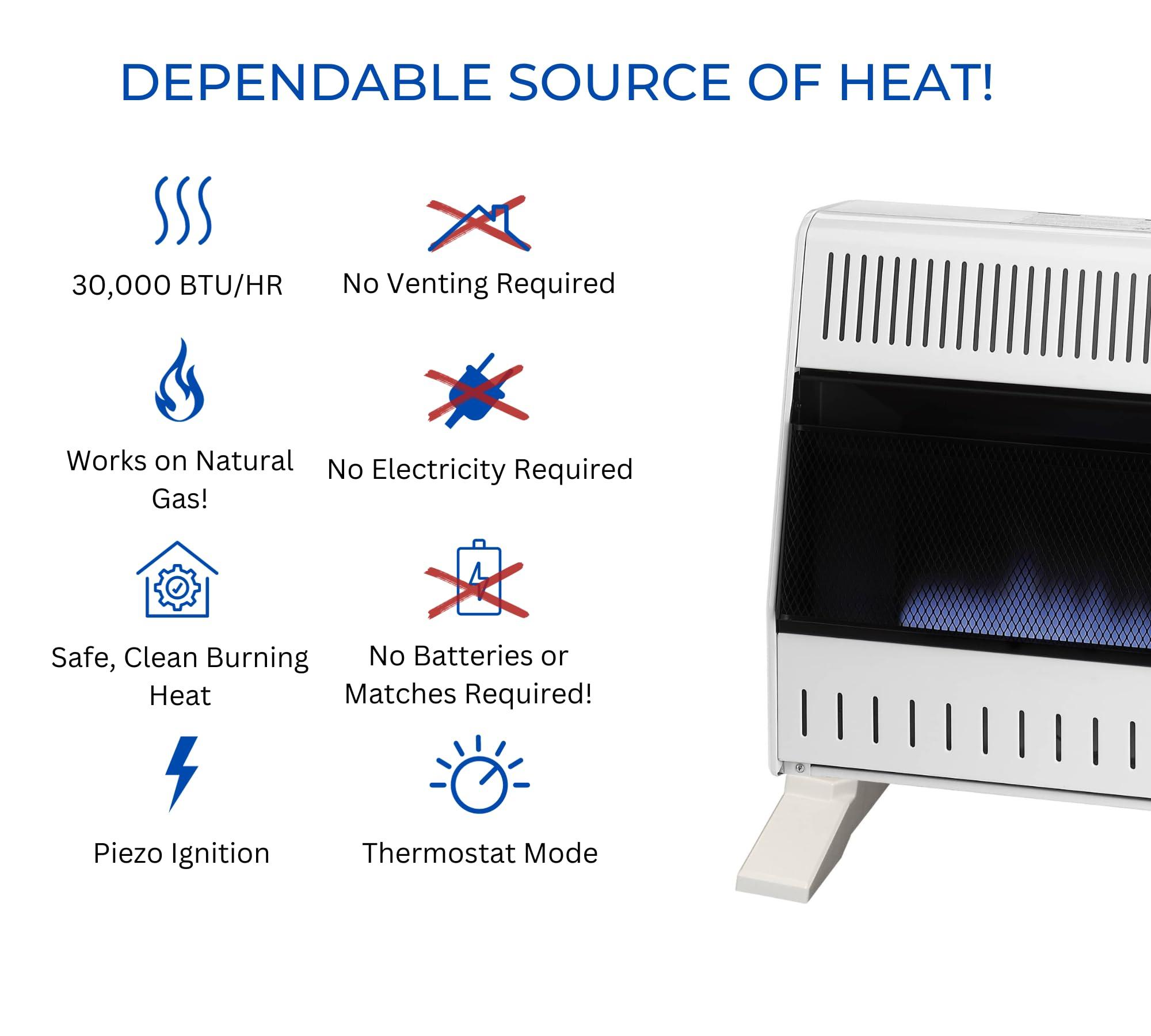 ProCom ProCom MN300TBA-B Ventless Natural Gas Blue Flame Space Heater with Thermostat Control for Home and Office Use, 30000 BTU, Heats Up to 1400 Sq. Ft., Includes Wall Mount and Base Feet, White