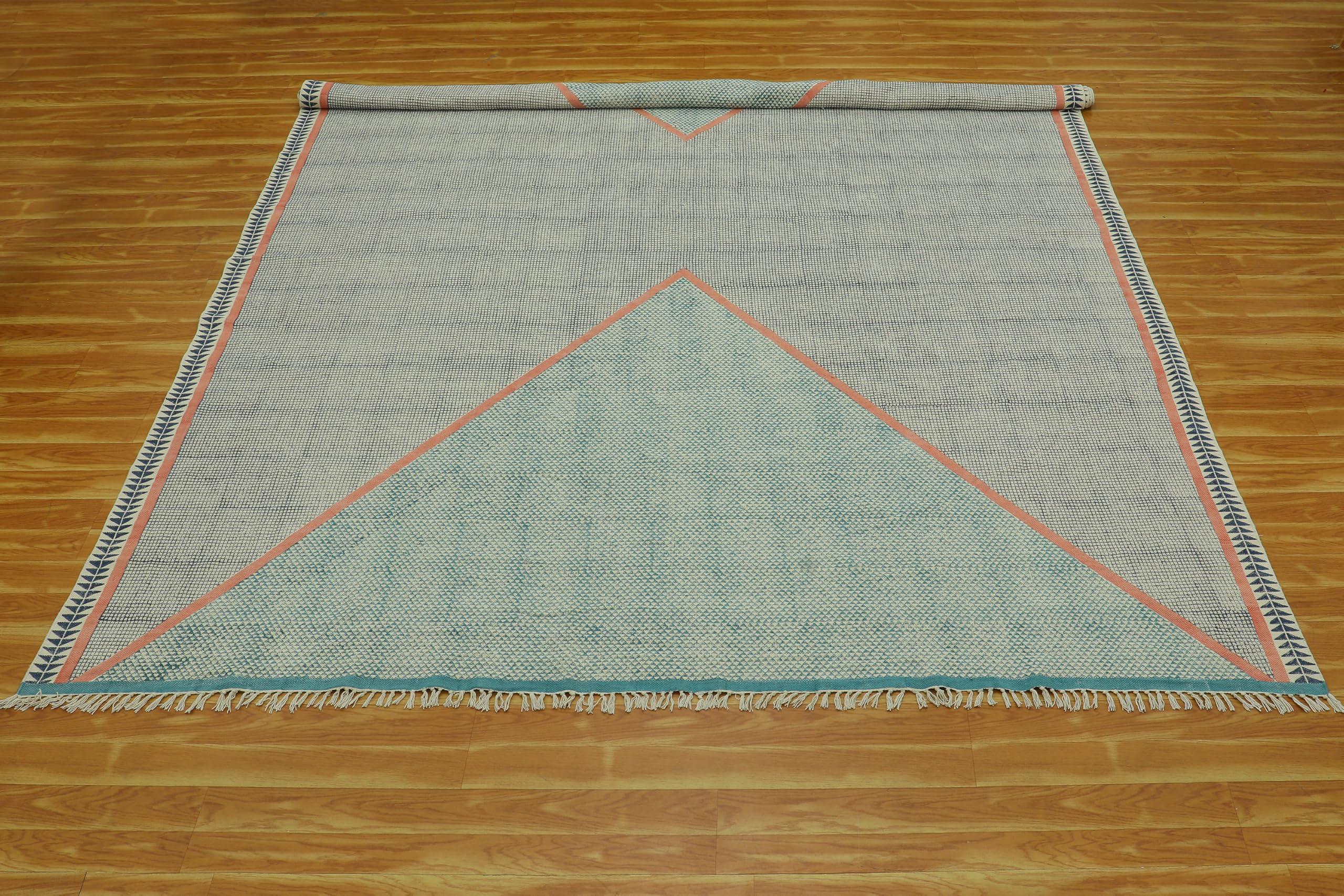 CASAVANI Area Rug 12x18 Kilim Rug Blue & Pink Cotton Dhurrie Striped Thick 0.19 inches Stone Easy Washable Rug Hand Wash Cotton Carpet Flatweave Rug Indoor Outdoor Rugs for Living Room, Bedroom