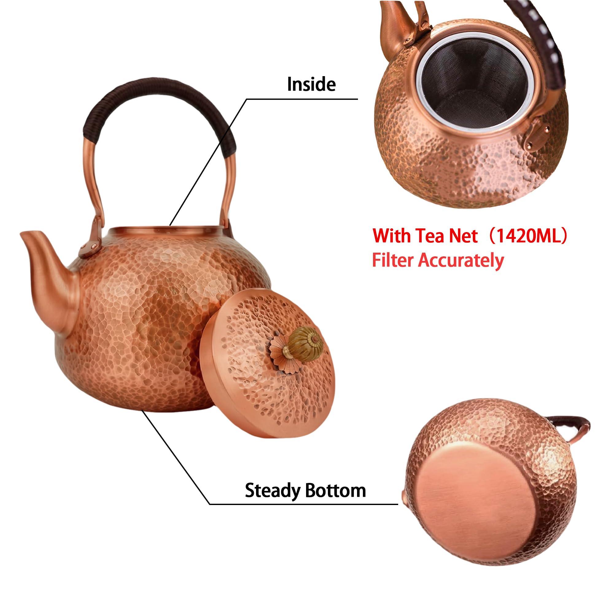 IULAVP Copper Tea Kettle for Stovetop: Handmade Solid Copper Pot without Coating, Extra Thick Stove Top Tea Kettle Teapot, Hammered Teapot for Stovetop (1420ML)