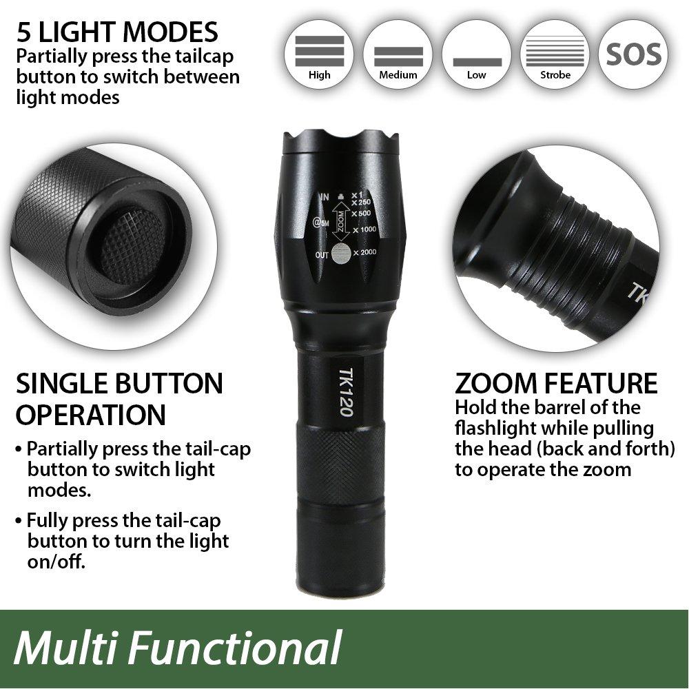 EcoGear FX EcoGear FX Complete LED Tactical Flashlight Kit TK120 Flashlight with Rechargeable Battery: High Lumens with 5 Light Modes, Water Resistant, Adjustable Focus Zoom