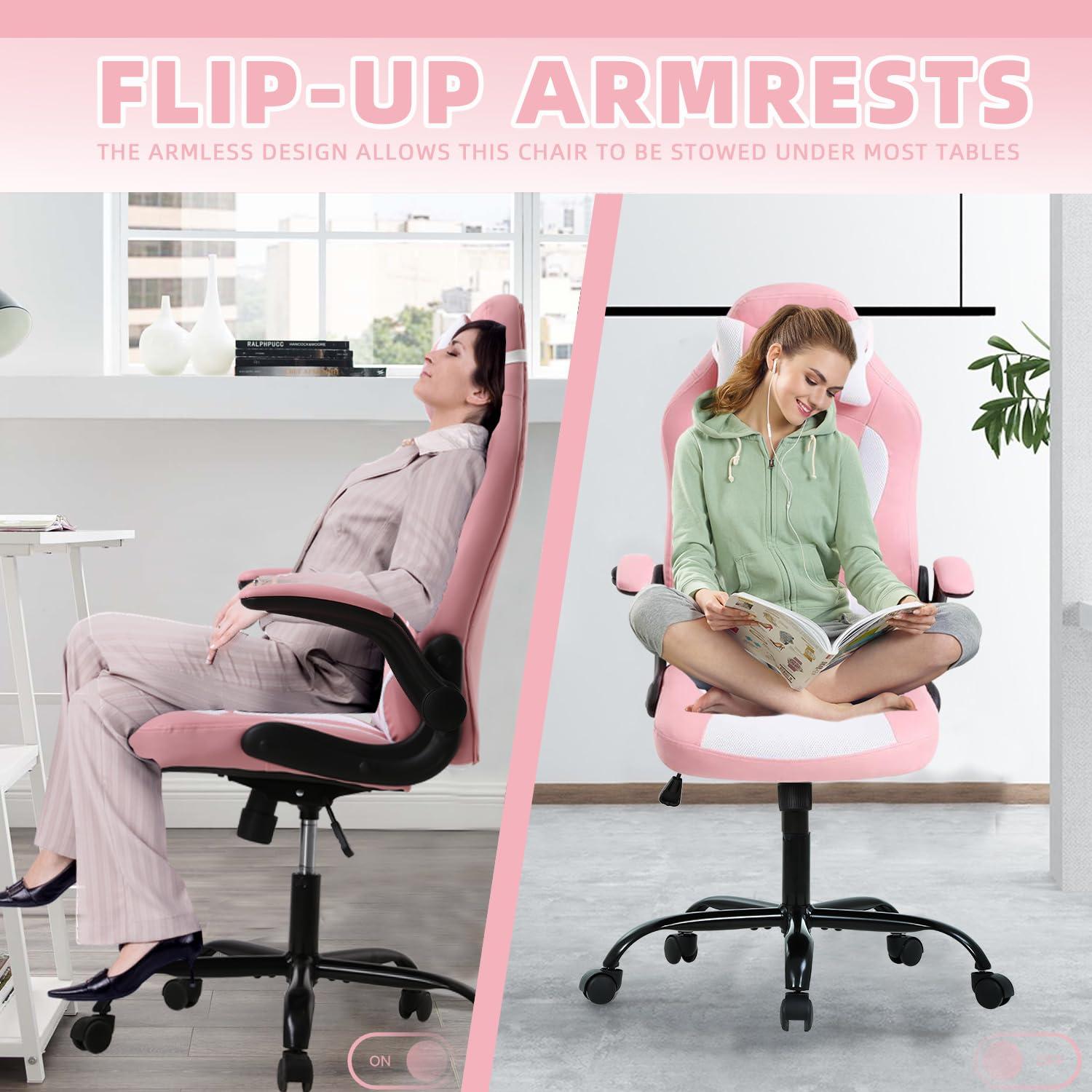 MKDLUFEI Pink Gaming Chair, Gaming Chairs for Adults, Game Chair with Flip Up Arms, Small Gaming Chair with Lumbar Support and Headrest, Comfortable Desk Chair for Adults Teens Kids Men Women, Max 250 LBS