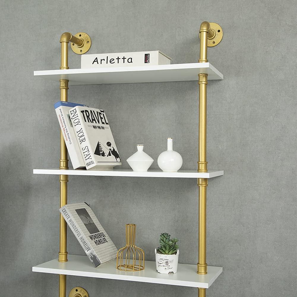 HEONITURE HEONITURE Industrial Gold Bookshelf-6 Tier Wall Mounted Ladder Bookshelf, Rustic Gold Storage Book Shelves Display Bookcases for Living Room/Home/Office