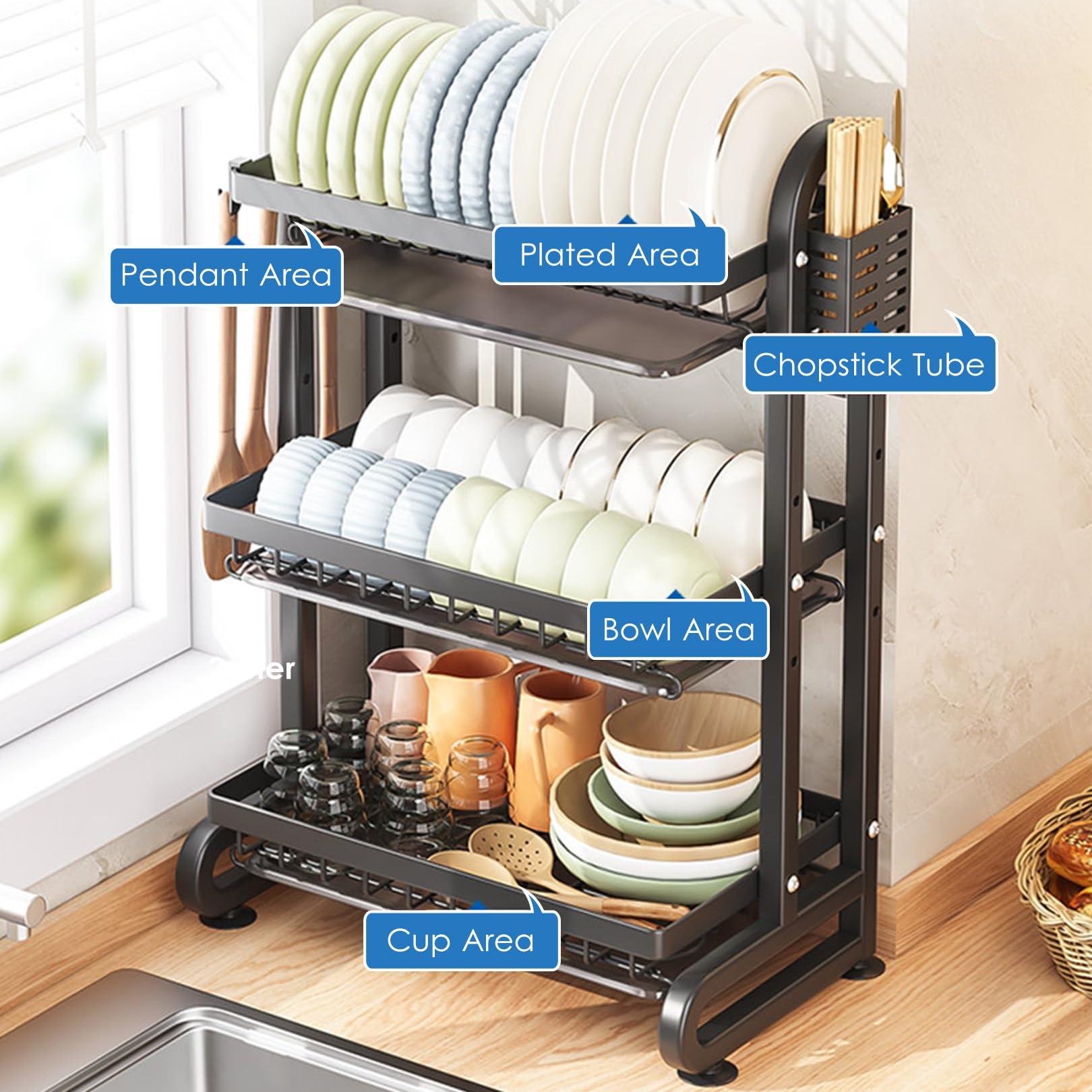 Generic 3 Tier Black Dish Drainer Rack with Drip Tray, Draining Dish Rack Drainer with Utensils Holder, Dish Drying Rack Kitchen Drainer for Small Kitchen Countertop