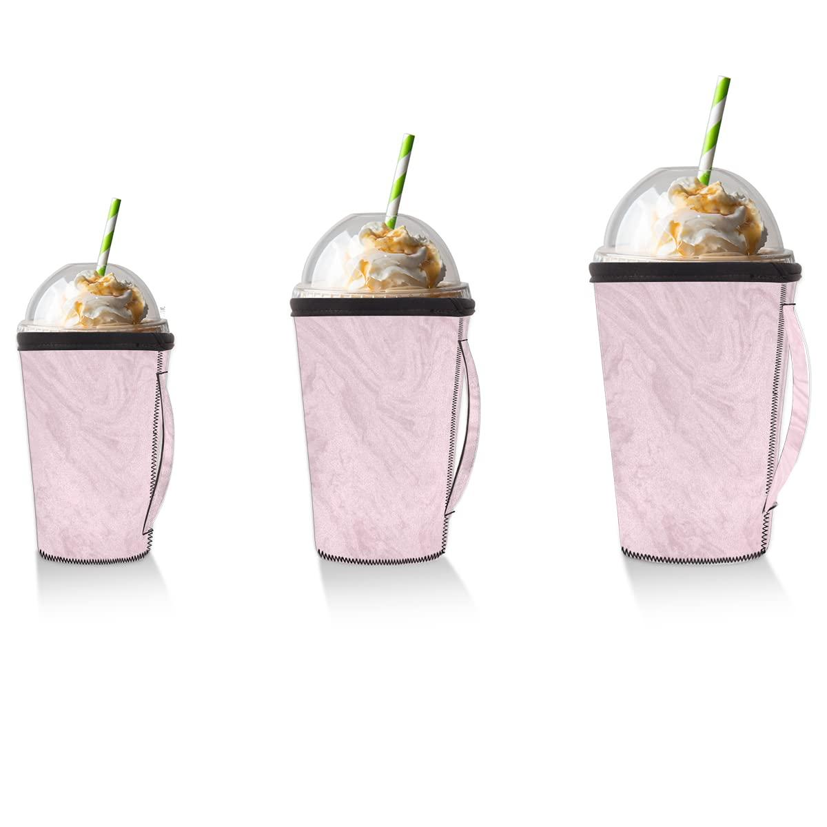 QsirBC Pink Marble Texture Iced Coffee Sleeve with Handle Reusable Neoprene Insulator Sleeve Holder for Cold Drinks Beverages Coffee Sleeves for Popular Brands Coffee Cup, Medium 24-28 oz