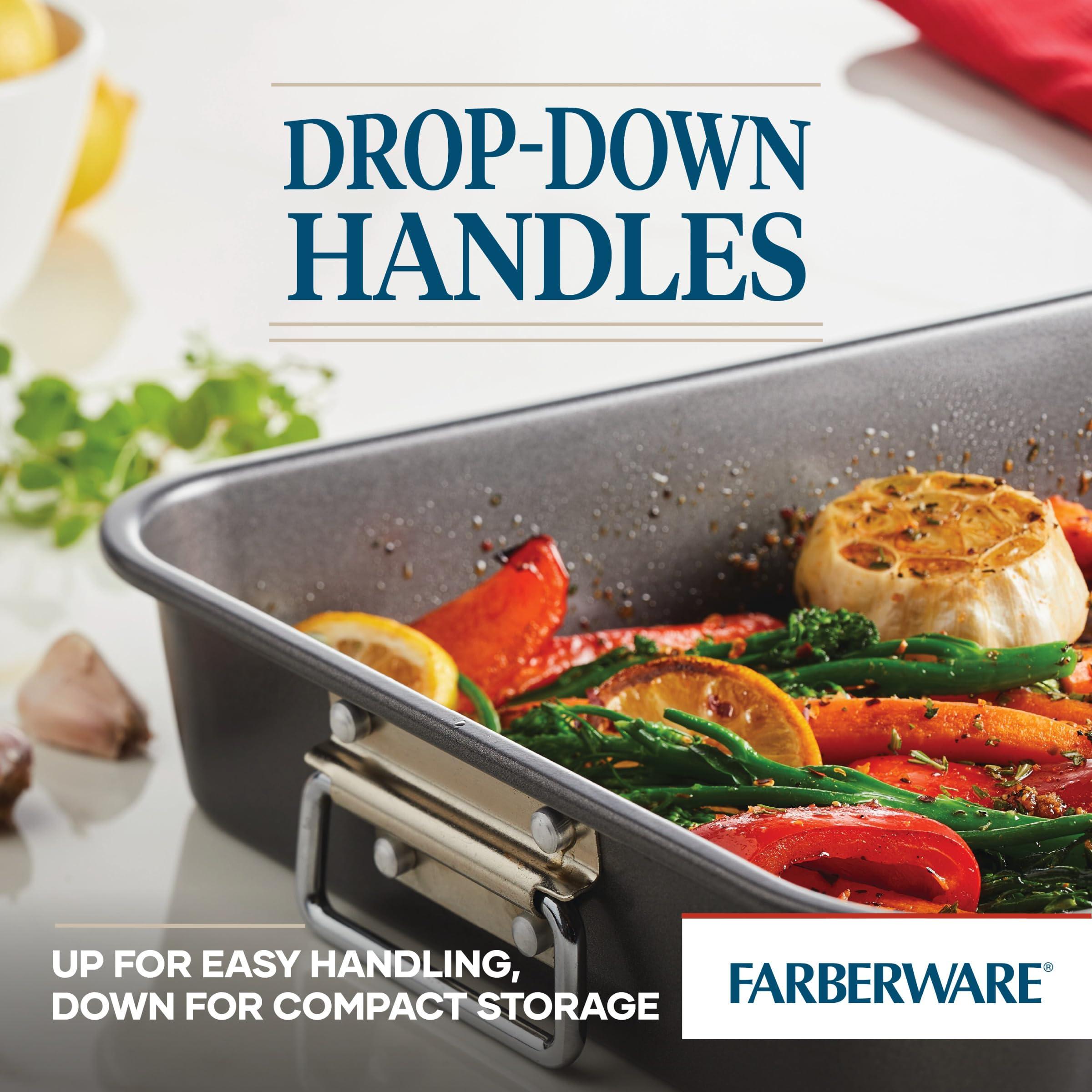 Farberware Farberware Bakeware Nonstick Steel Roaster with Flat Rack, 11-Inch x 15-Inch, Gray