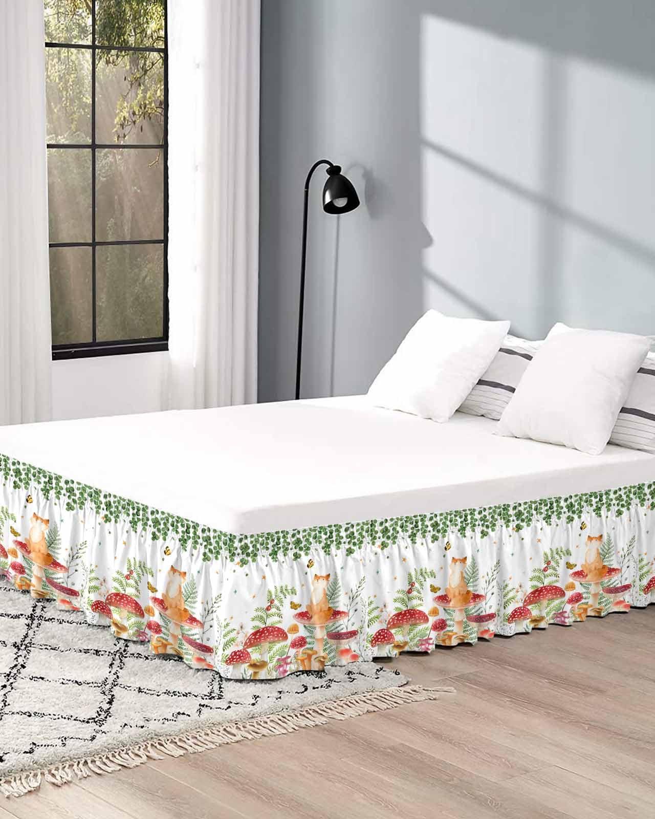 RisQiten RisQiten Mushroom Bed Skirt Queen Size 18 Inch Drop, Adjustable Elastic Bedskirt Dust Ruffle for Queen Bed, Spring Summer Botanical Eucalyptus Leaves Wrap Around Bed Skirts Pleated Bed Frame Cover
