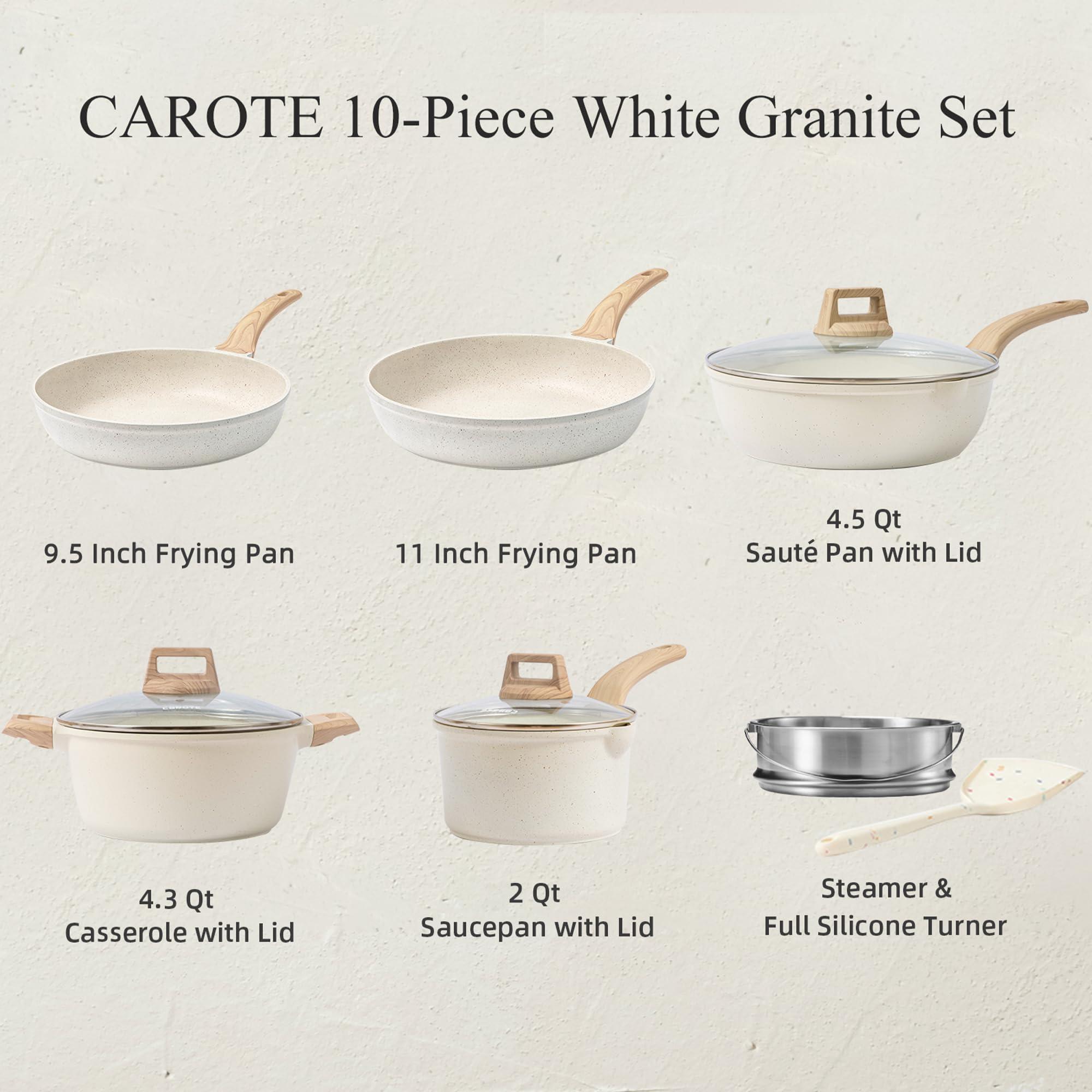 CAROTE CAROTE Pots and Pans Set Nonstick, White Granite Induction Kitchen Cookware Set, 10 Pcs Non Stick Cooking Set w/Frying Pans & Saucepans(PFOS, PFOA Free)